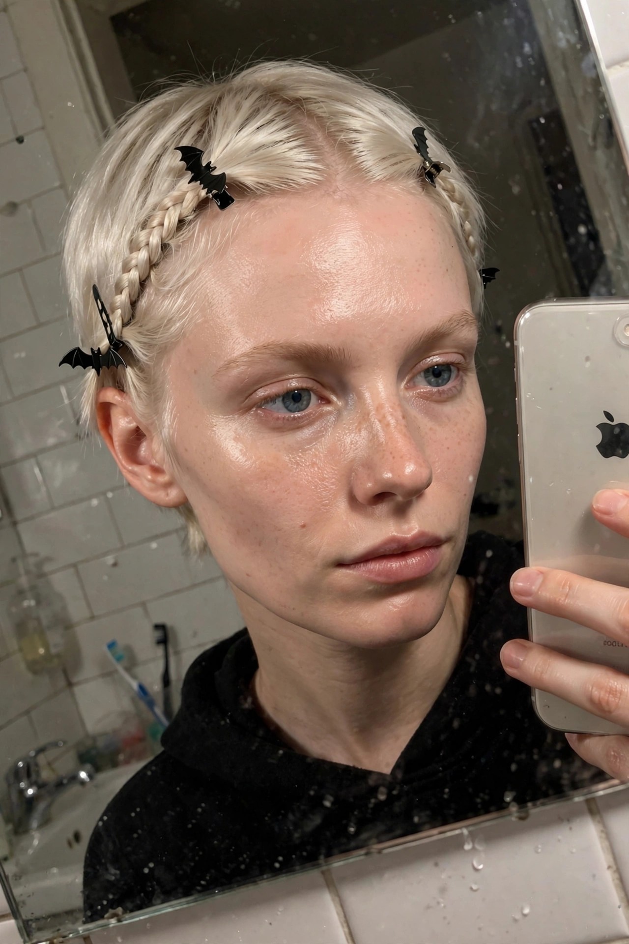 Short platinum blonde hair with multiple small braids along the hairline secured by black bat shaped clips.