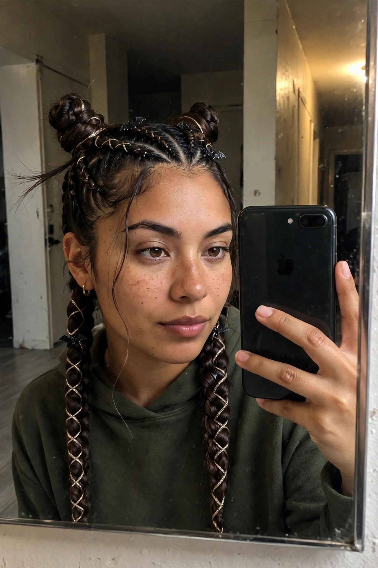 Woman with dark brown hair in two high space buns and long hanging braids, gold thread wrapped around the braids, bat shaped clips placed along the part and on the braids.