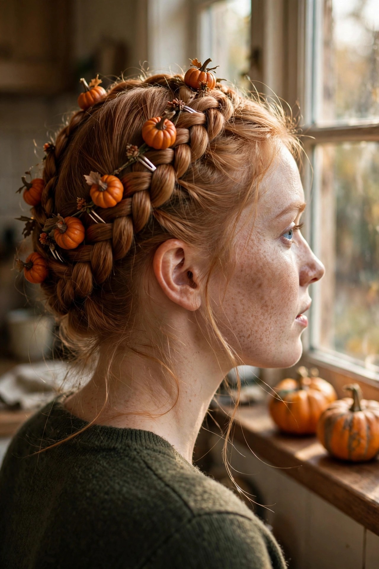 Intricate braided updo with small orange pumpkins and dried leaves tucked into the braids, shown from the side.