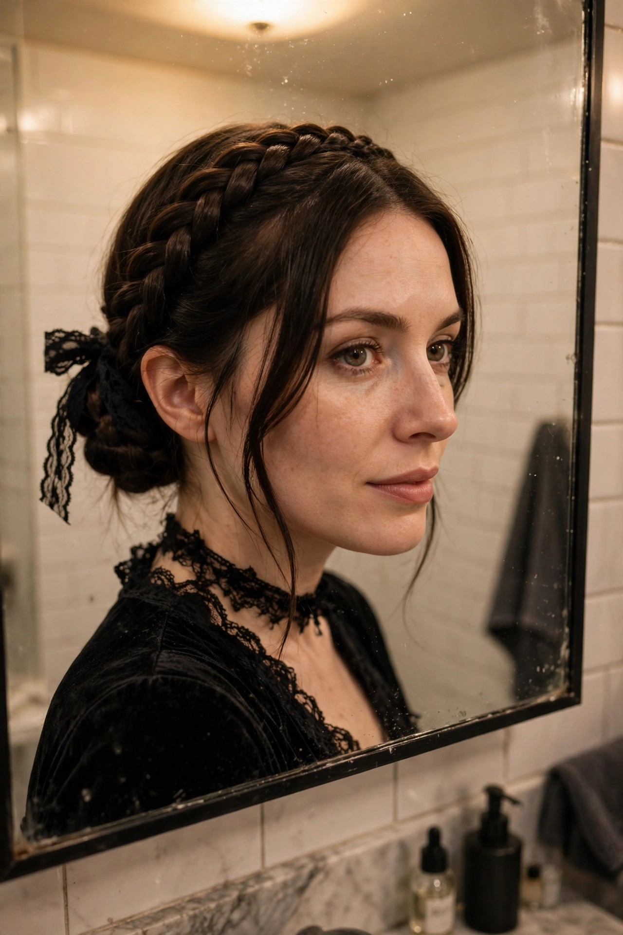 Side view of a woman with dark brown hair styled in a crown braid across the forehead that feeds into a low bun secured with a black lace ribbon.
