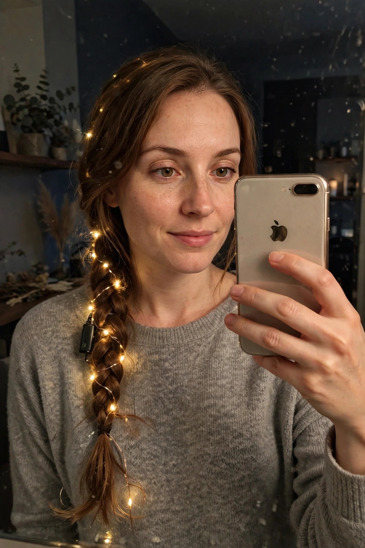 Woman with long brown hair styled in a thick side braid woven with small warm fairy lights, shown in a close selfie.