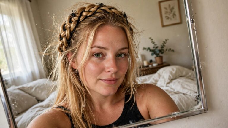 18+ Spellbinding Braided Halloween Hairstyles for Women to Try Blonde hair styled in a crown braid with black ribbon woven through and small black spider accents placed along the braid.