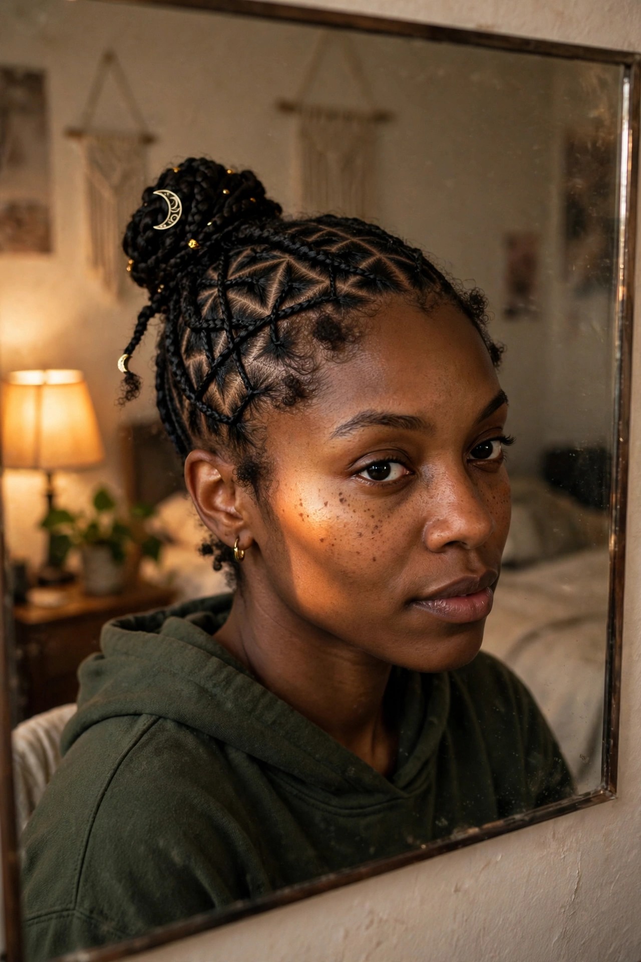 Close up of geometric cornrow braids forming triangle patterns on the side of the head, gathered into a high bun with a crescent moon charm and small gold beads.