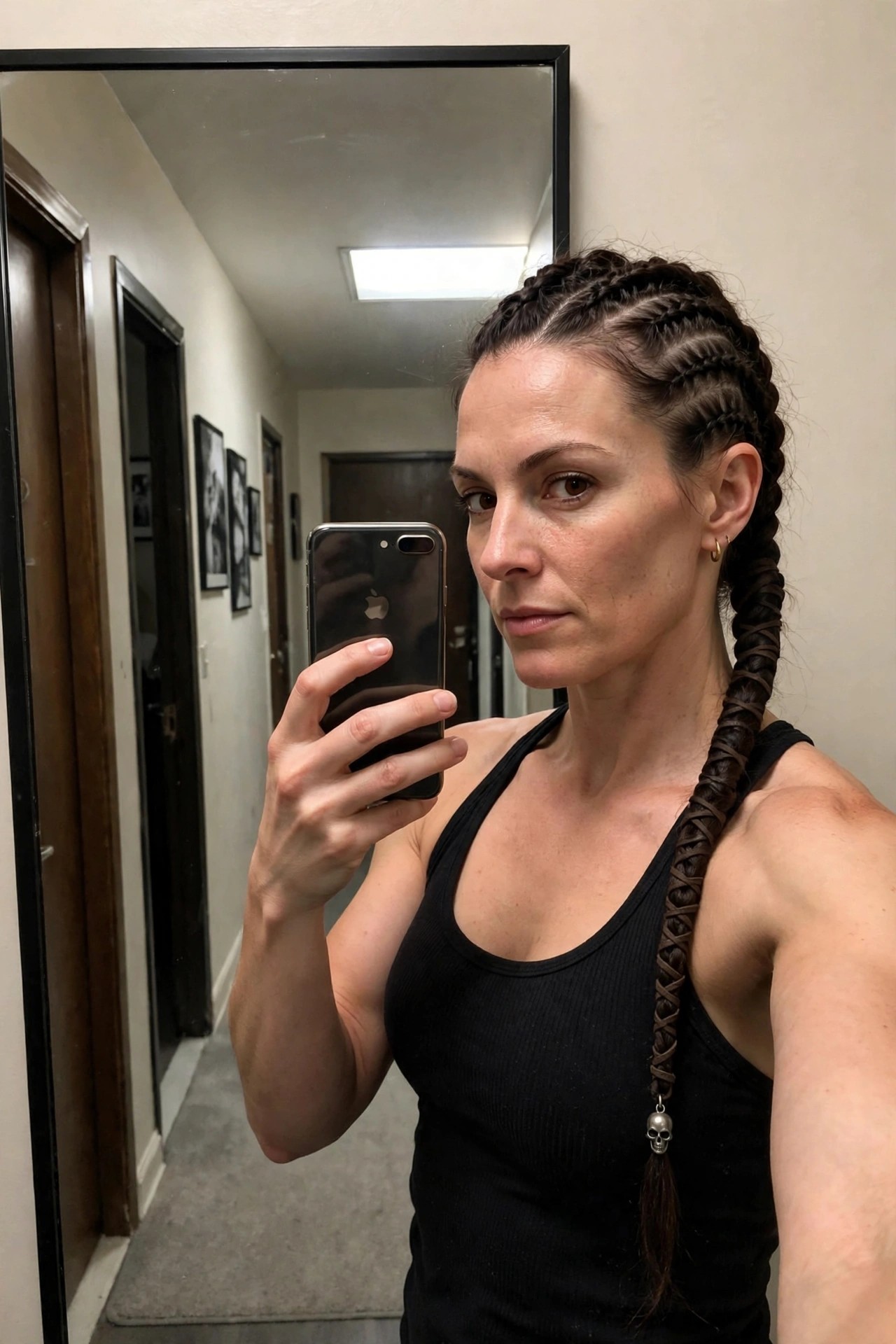 Woman with multiple tight braids across the top of the head merging into one thick side braid finished with a small skull charm pendant.