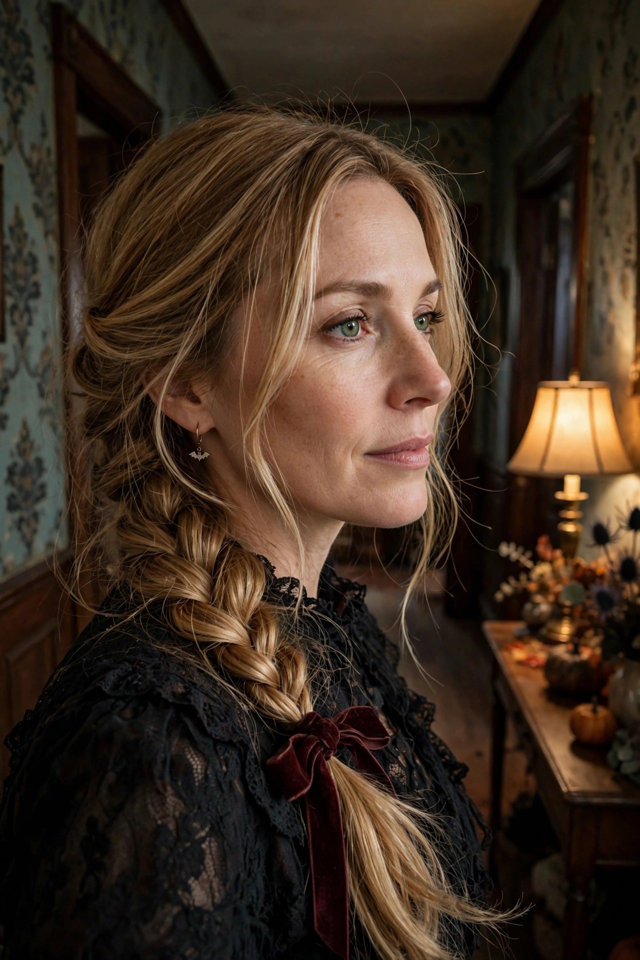 Long blonde hair styled in a thick side braid secured with a dark red velvet bow and finished with a small bat shaped earring.