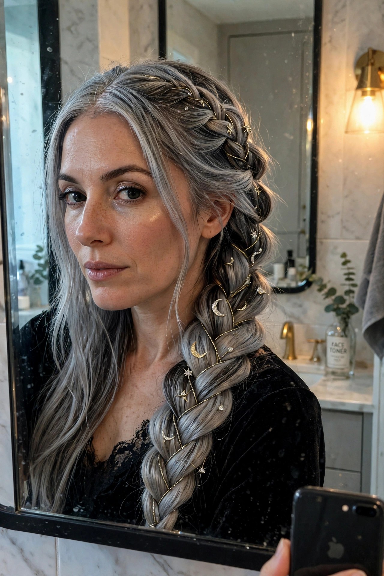 Thick side braid in silver gray hair decorated with gold chains, crescent moon charms, star pendants, and small gems.