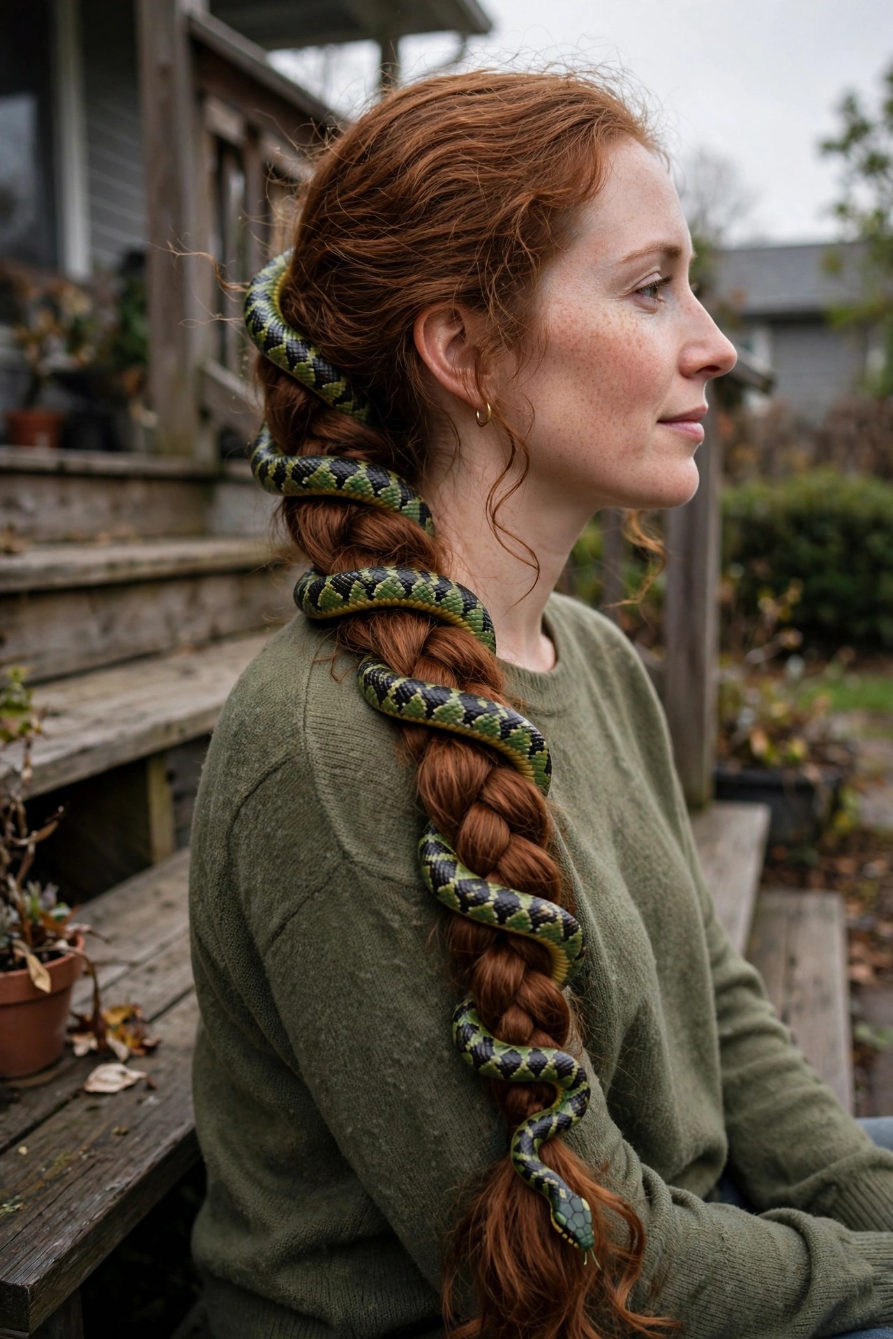 Long red hair styled in a thick side braid with a green and black patterned snake coiled through the plait, the snake's head resting at the end of the braid.