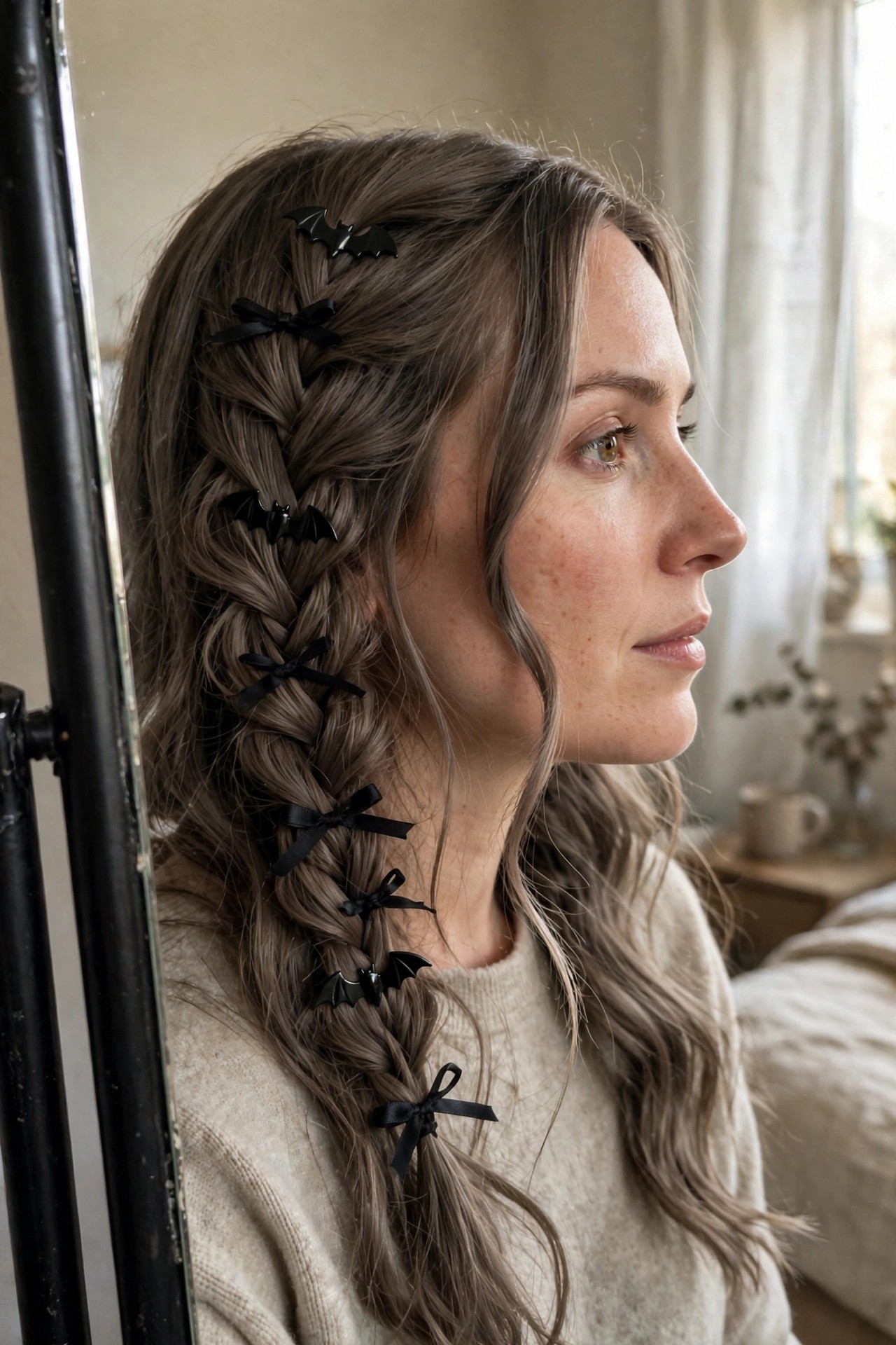Woman with long brown hair in a side braid decorated with small black bat clips and black satin bows.