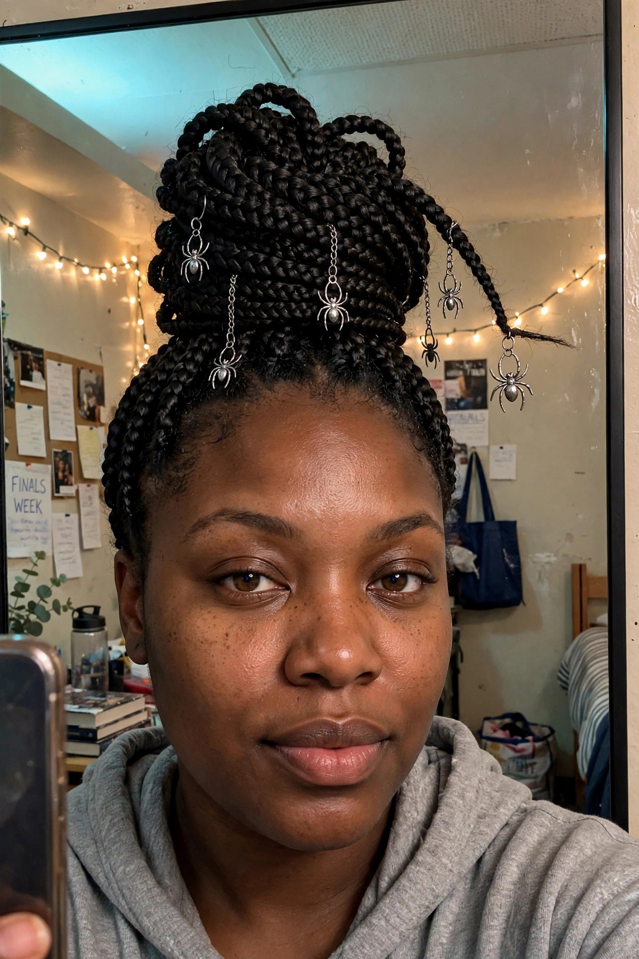 High braided updo with multiple silver spider charms hanging from chains at different lengths.
