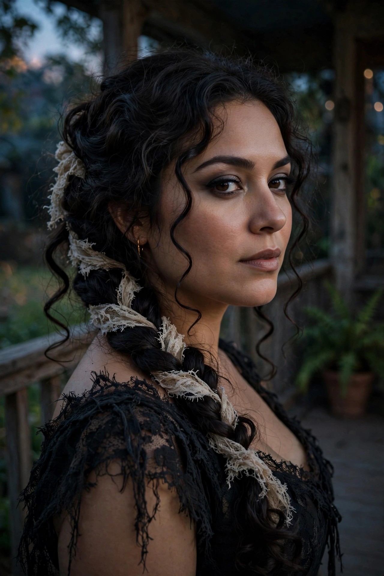 Thick dark side braid with light fabric strips woven through the plaits and loose curls framing the face.
