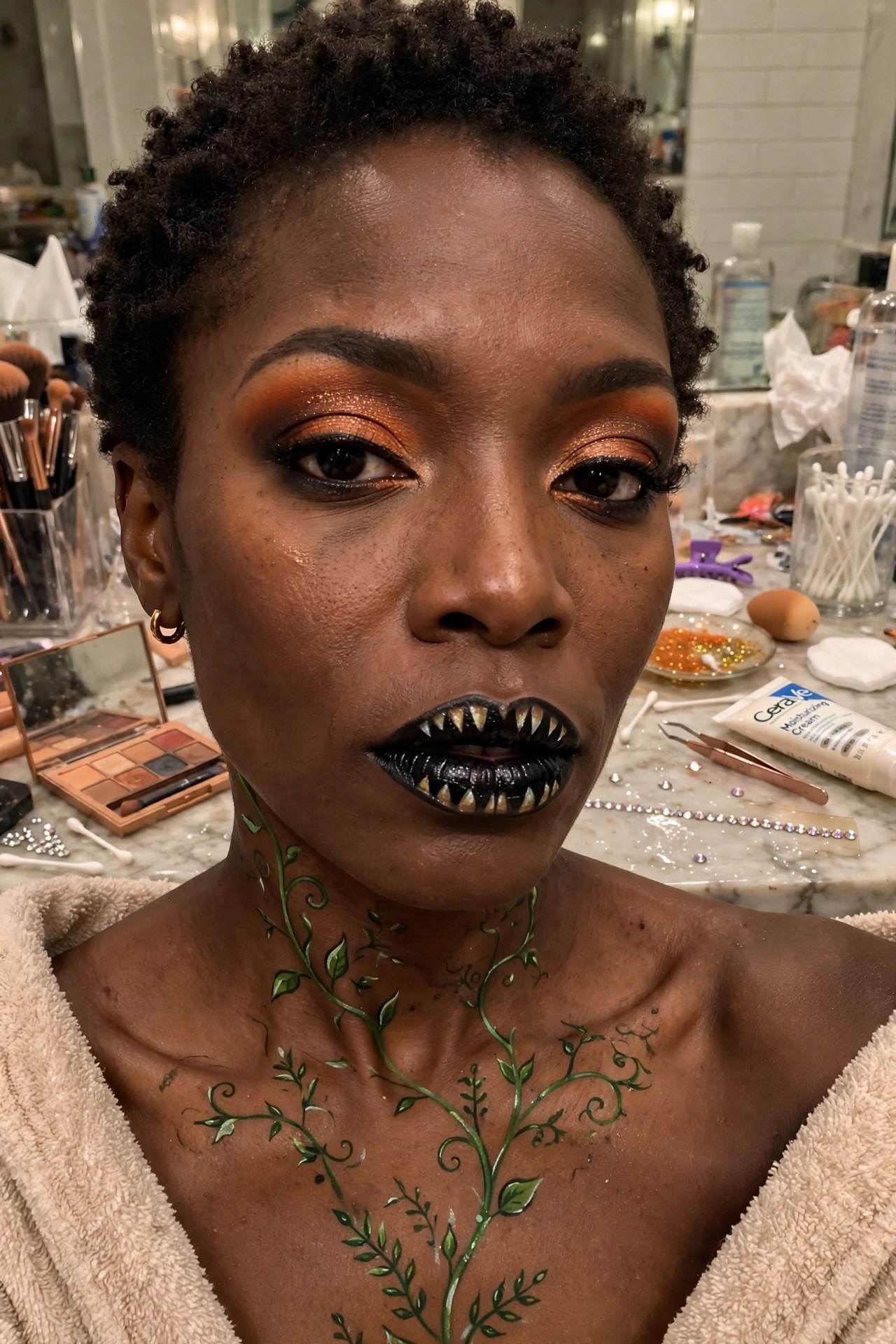 Close up of black lips painted with white and yellow pointed teeth like a carved pumpkin mouth, orange glitter eyeshadow, and green vine face paint extending onto the neck and chest.