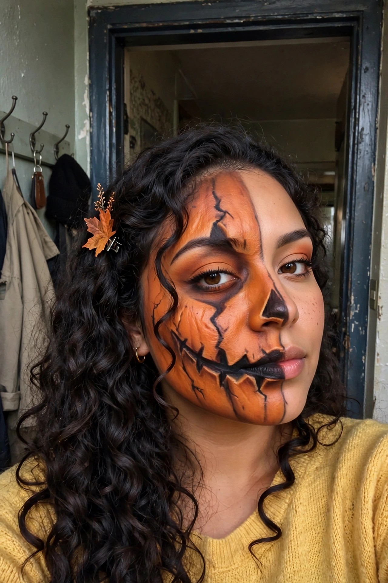 Close up of pumpkin face paint with orange base, black crack lines, stitched mouth, and dark nose shape split across the face.