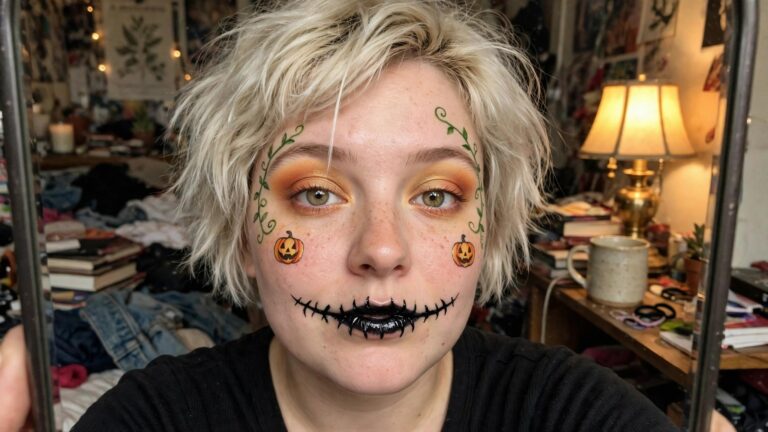 18+ Spooky-Cute Halloween Pumpkin Makeup Ideas to Try This Year Close up of face with green vine face paint across forehead, orange gradient eyeshadow, small orange jack o lantern drawings on cheeks, and black stitched lip design.