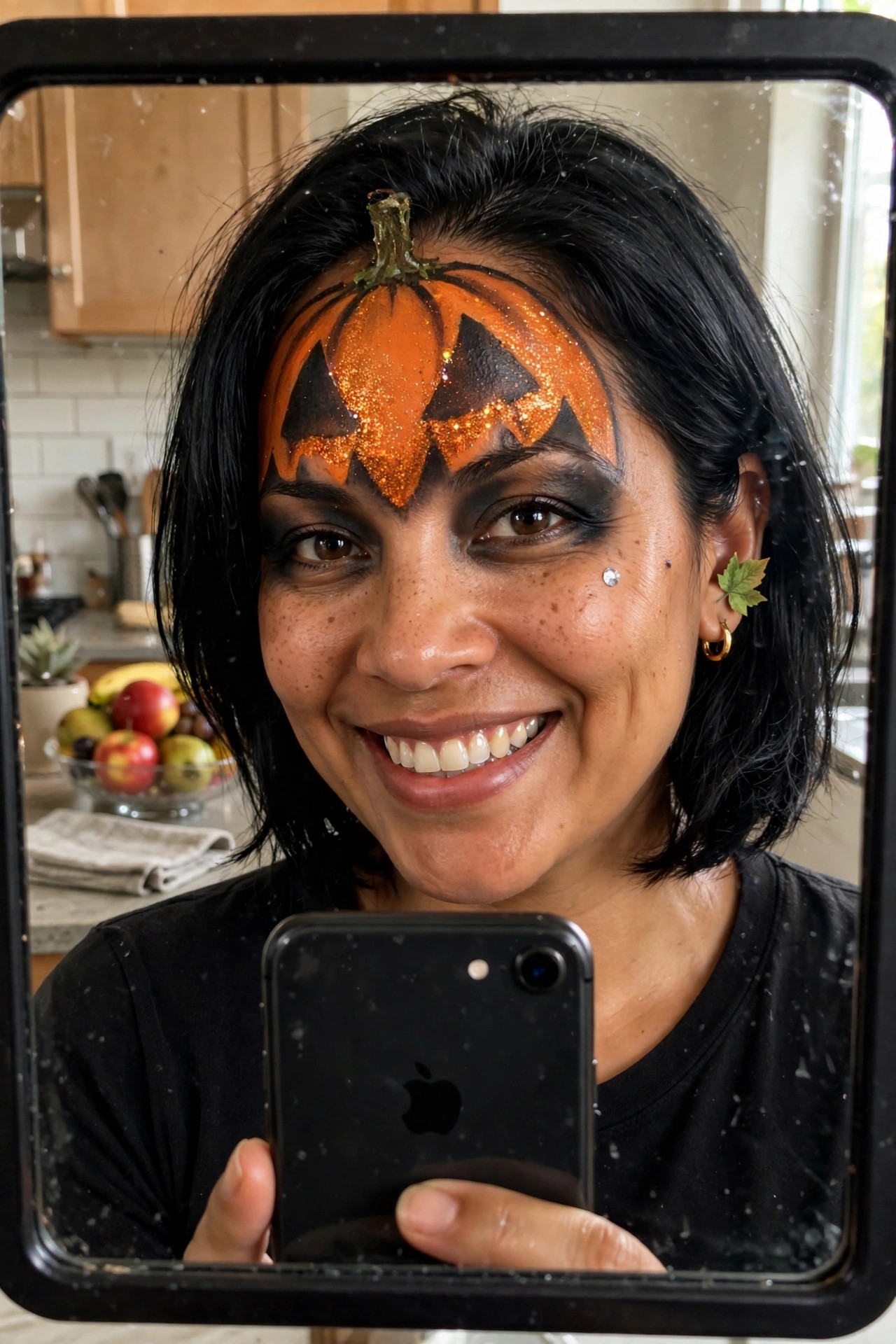 Woman with short black hair showing orange glitter pumpkin face paint with black jack o lantern features across her forehead and smoky eye makeup below.