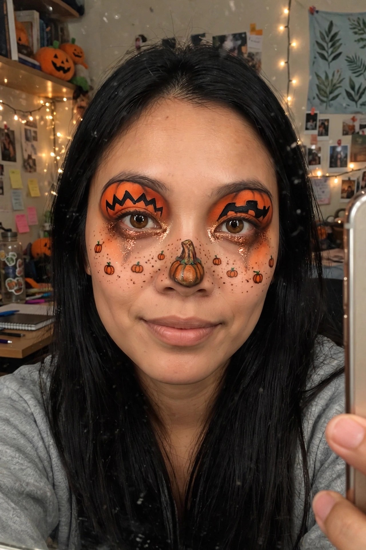 Close up of a woman with pumpkin themed Halloween makeup featuring jack o lantern eyes and small pumpkins on her cheeks and nose.