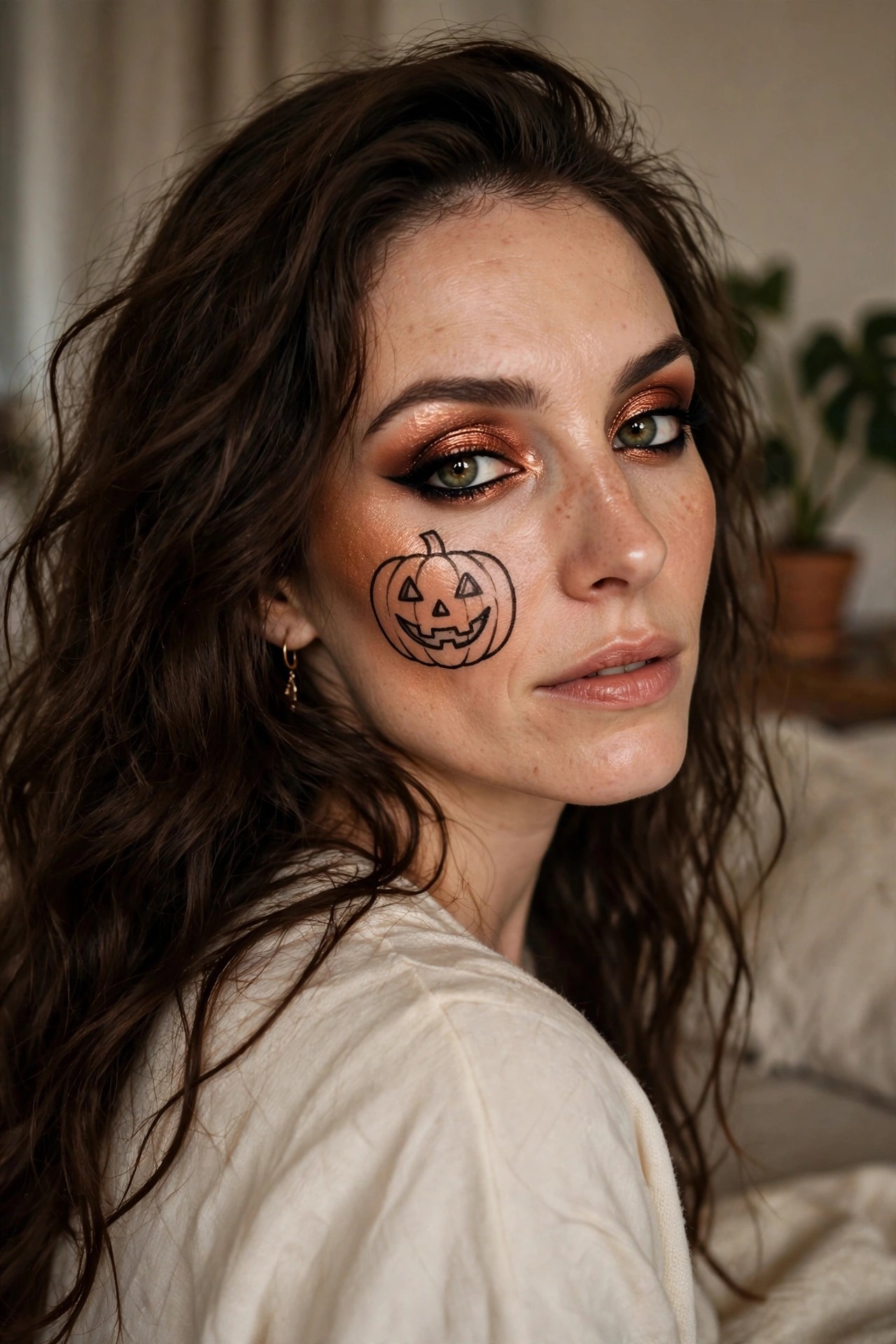 Close-up of a woman with copper eyeshadow, black winged eyeliner, and a small black-outlined pumpkin face painted on her left cheek.
