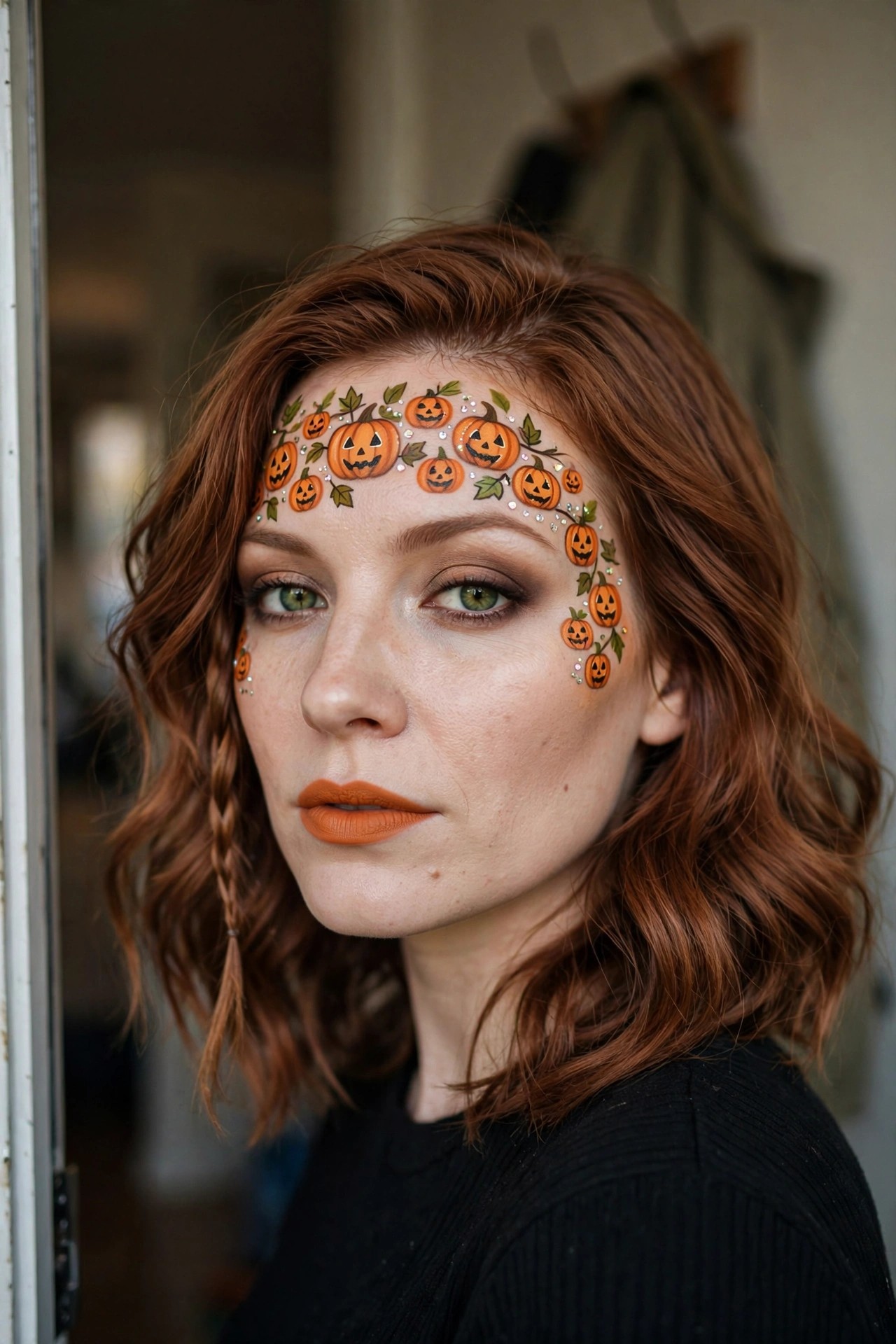 Close-up of a woman with reddish brown hair wearing multiple small painted orange jack-o'-lanterns across her forehead and right cheek, accented with green vines and scattered rhinestones.