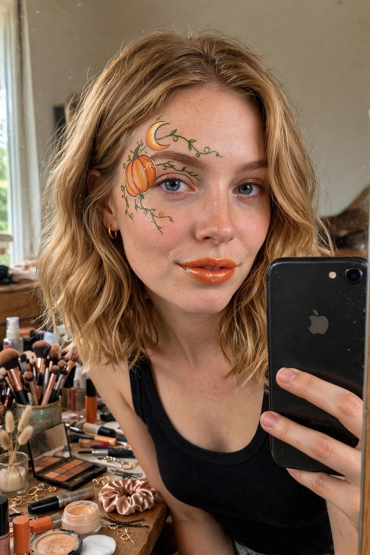 Close-up of a woman with light brown wavy hair wearing pumpkin and crescent moon face paint with green vines and glitter around her left eye, plus matching orange lip gloss.