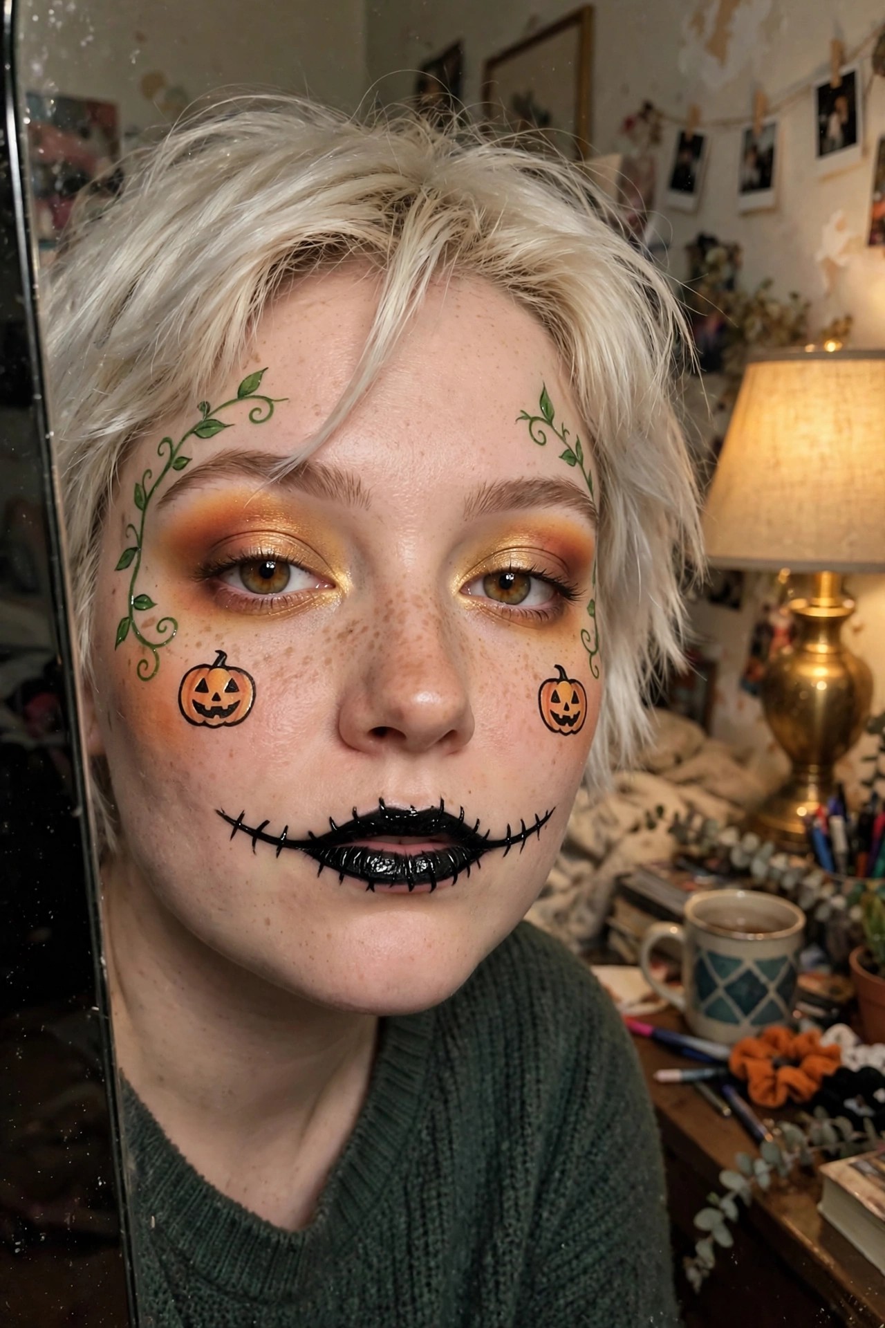 Close up of face with green vine face paint across forehead, orange gradient eyeshadow, small orange jack o lantern drawings on cheeks, and black stitched lip design.
