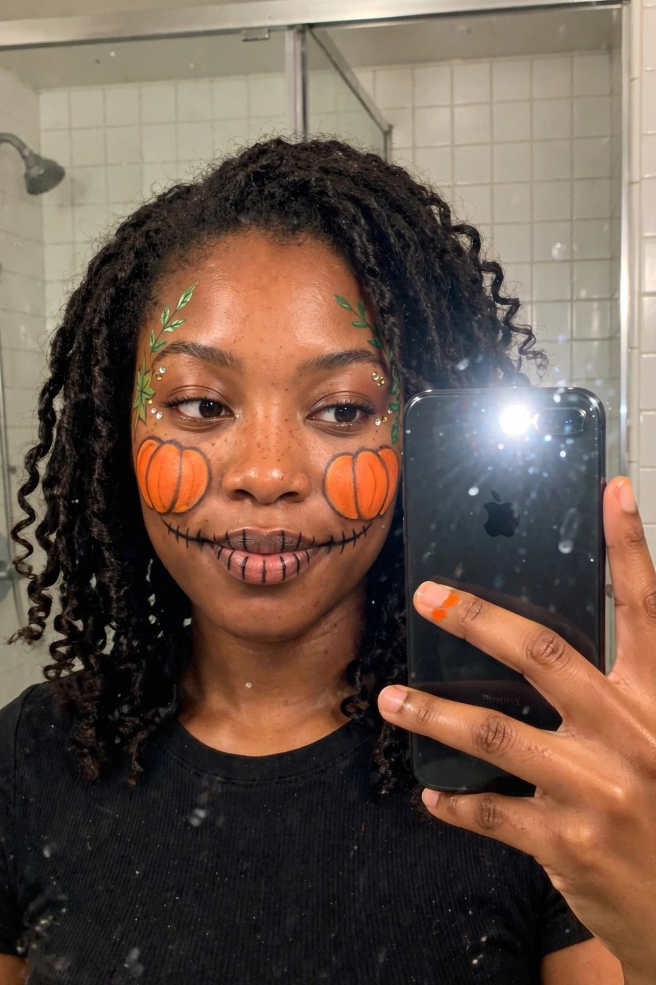 Close up of pumpkin cheek face paint with orange pumpkins, black stitched mouth, and green leafy accents on forehead.