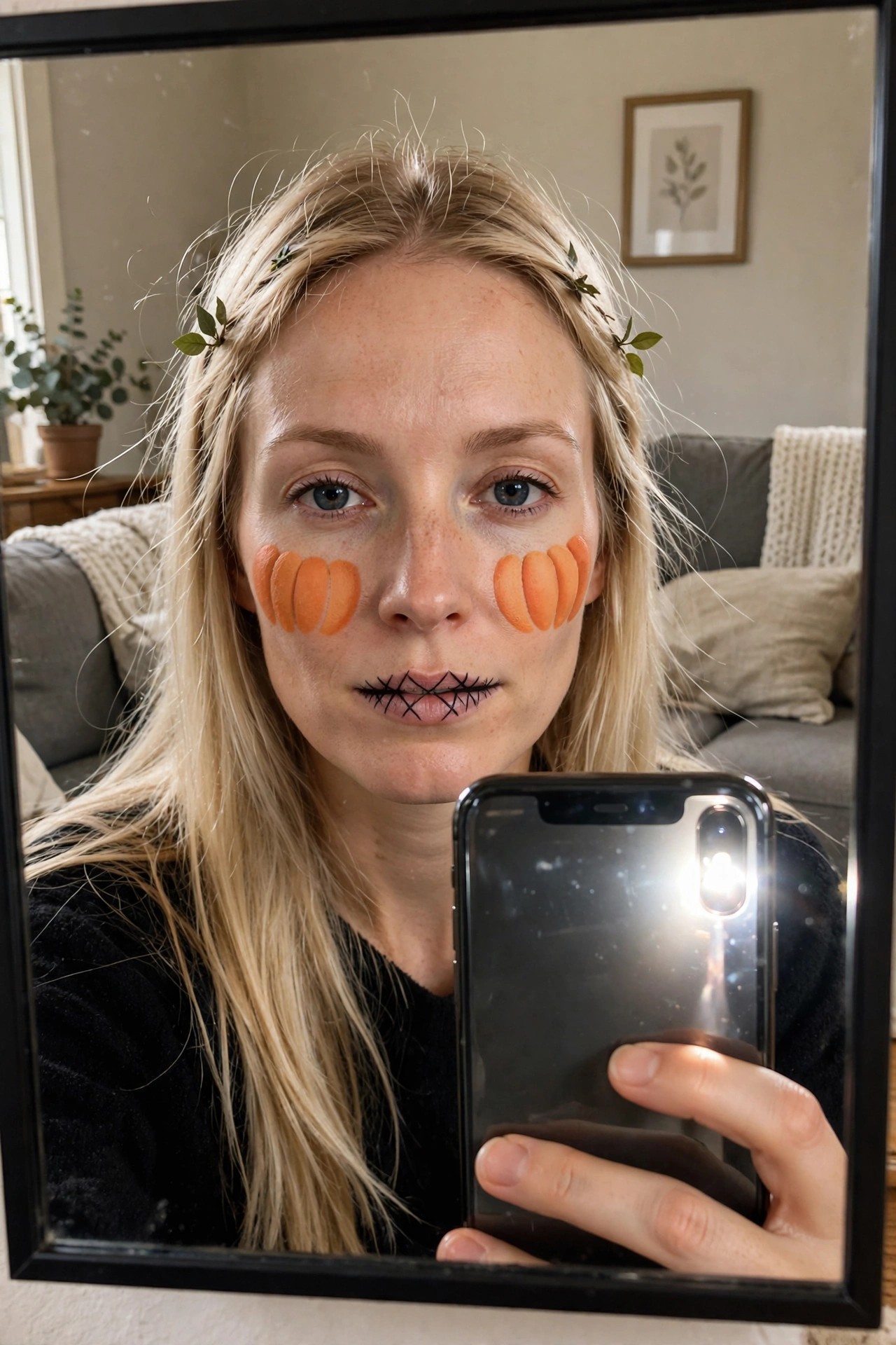 Close-up mirror selfie of a woman with blonde hair wearing orange segmented pumpkin shapes on each cheek and black stitched lines across the lips.