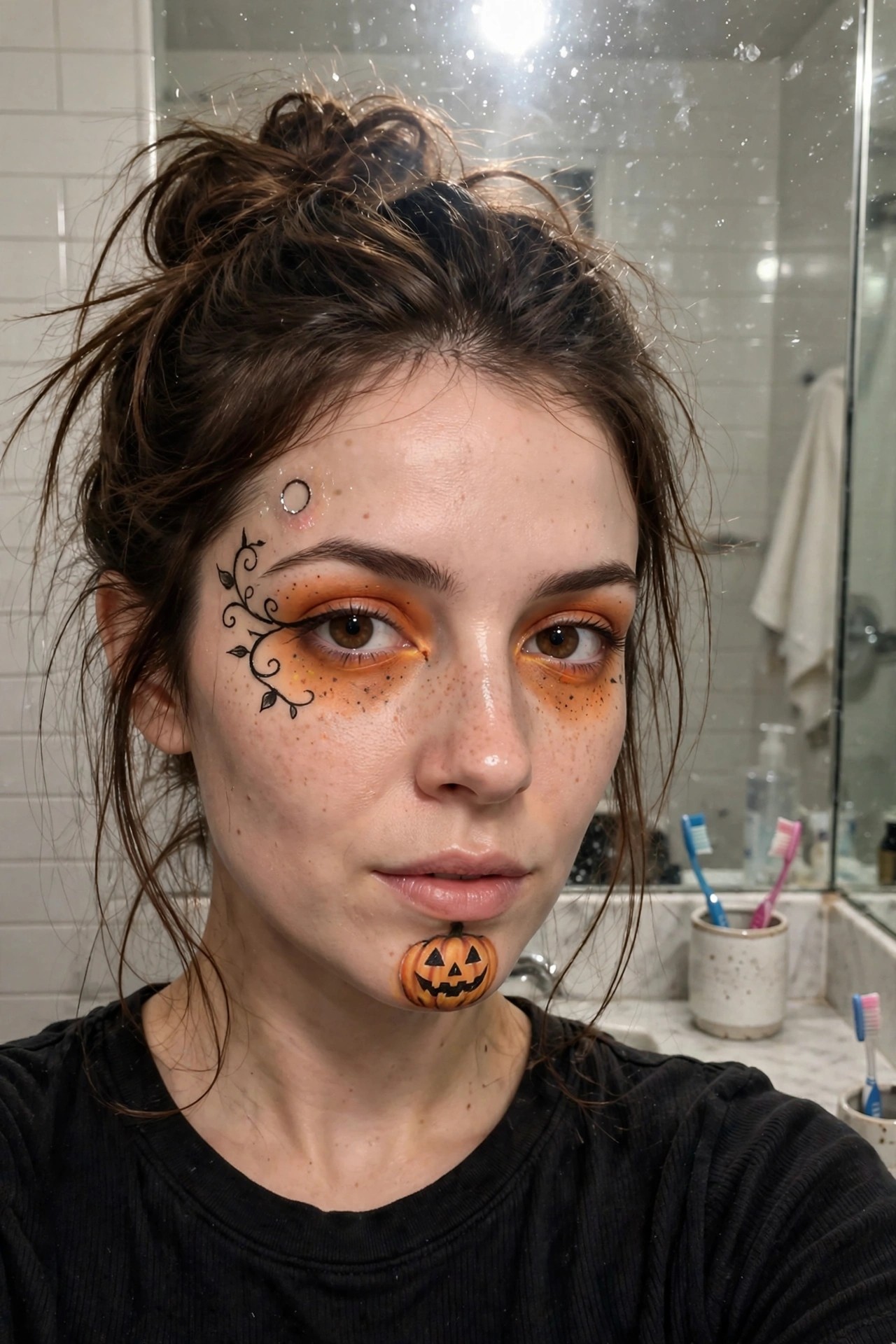 Close up of pumpkin themed makeup with orange eyeshadow, black vine designs around the left eye, and a small jack o lantern painted on the chin.