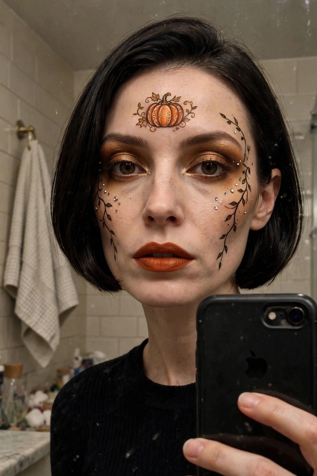 close up of pumpkin face paint on forehead with black vine drawings extending onto cheeks, orange eyeshadow, and orange lipstick