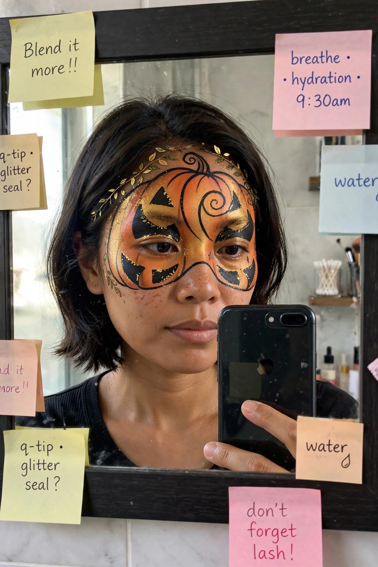 Close up of pumpkin jack o lantern face paint with orange base black carved shapes and gold glitter accents across the eyes and cheeks.