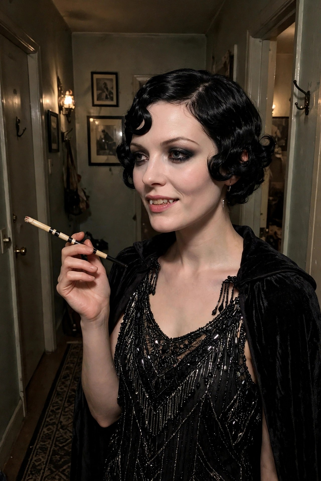 Woman wearing a 1920s style black flapper dress with beading and fringe, a black velvet hooded cape, and a short black finger wave bob, holding a striped cigarette holder.