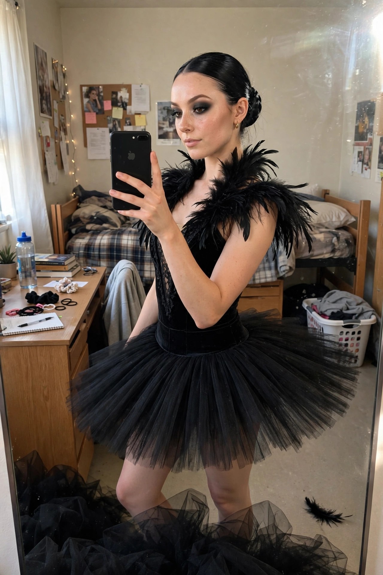 Woman wearing a black swan costume with feathered shoulders, velvet and lace bodice, full black tulle tutu, and sleek black hair in a bun, taking a mirror selfie.
