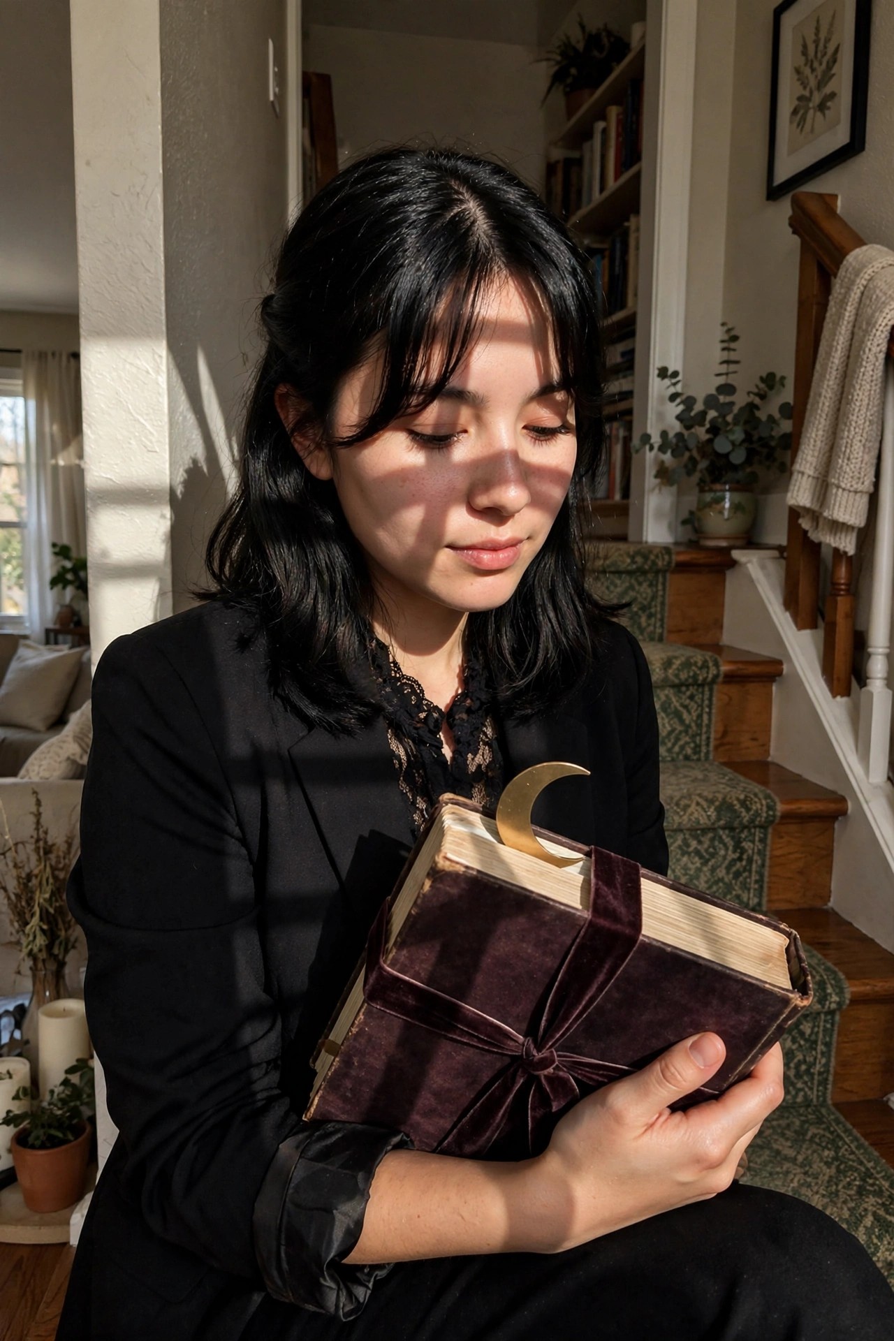 Woman in black blazer and lace top holding a large velvet-wrapped book with a gold crescent moon on the cover.