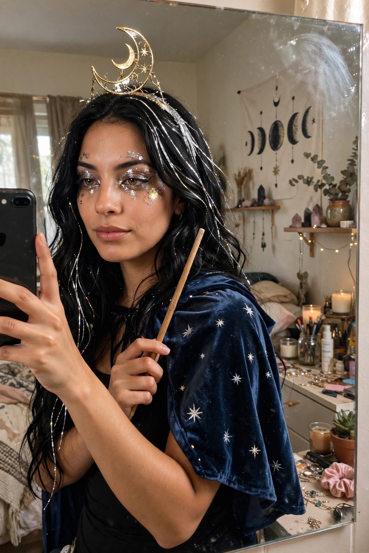 Woman wearing a celestial witch costume with a gold crescent moon headpiece, blue velvet star cape, and holding a wooden wand, long black hair visible.