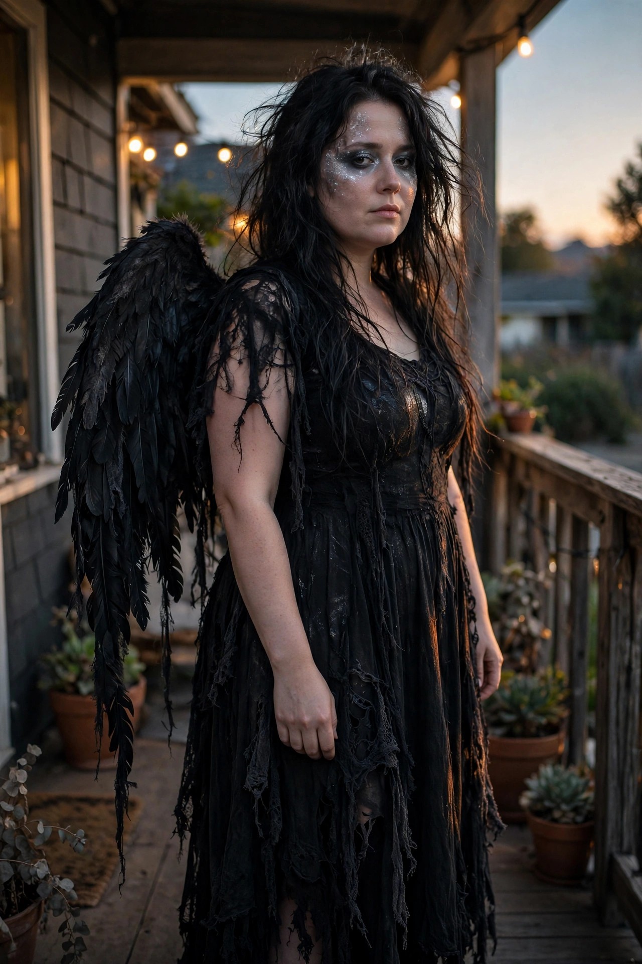 Woman wearing a tattered black dress and large black feathered wings with long messy black hair and silver glitter eye makeup.
