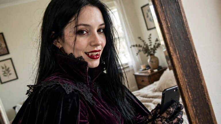Woman wearing a burgundy velvet vampire cape with high collar and black lace details holding a phone while wearing black lace gloves and long straight black hair.