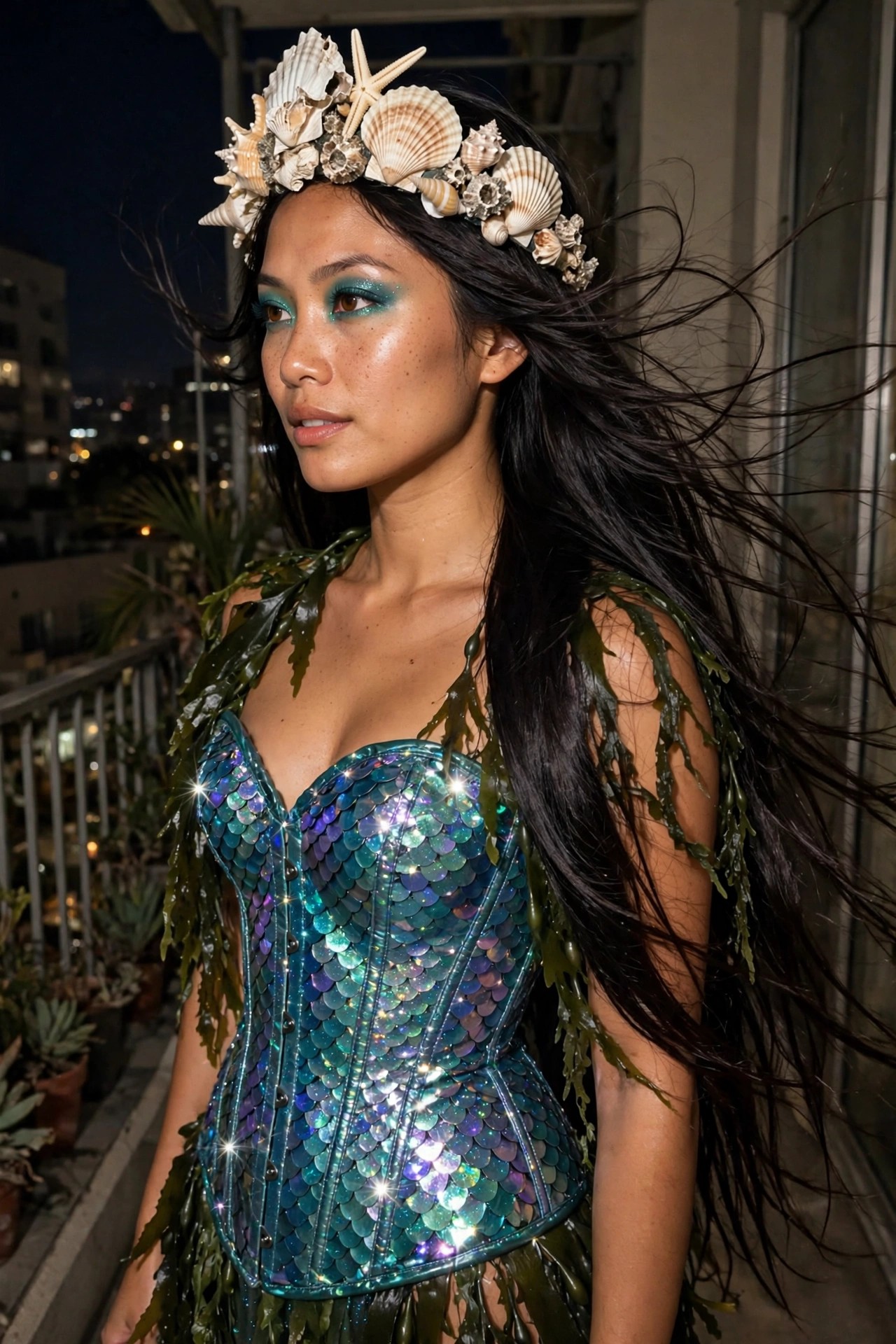 Woman wearing an iridescent blue green scale corset with seaweed accents and a shell and starfish crown, long black hair flowing, teal glitter eye makeup.