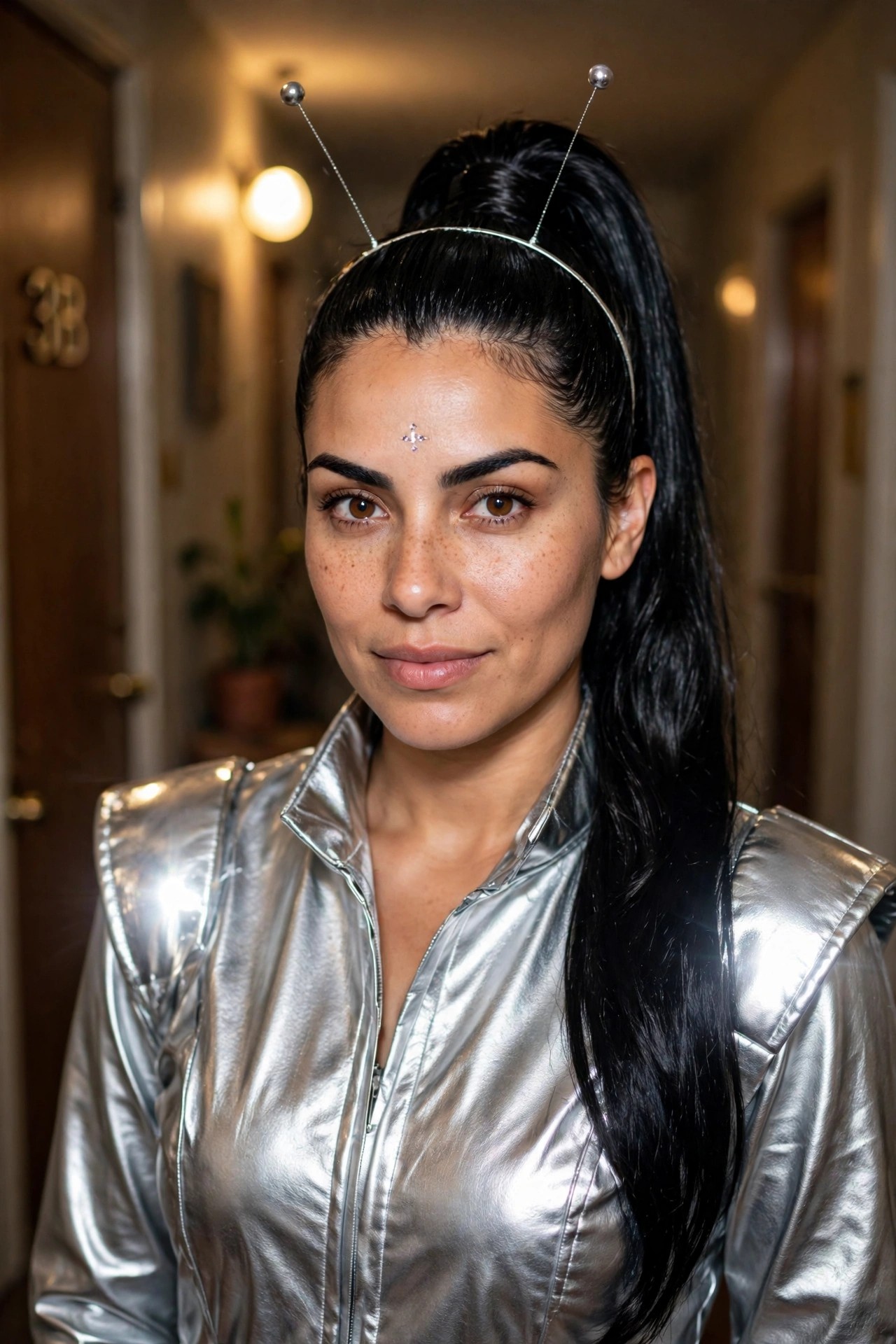 Woman wearing a silver metallic jacket and antennae headband with black high ponytail for an alien Halloween costume.