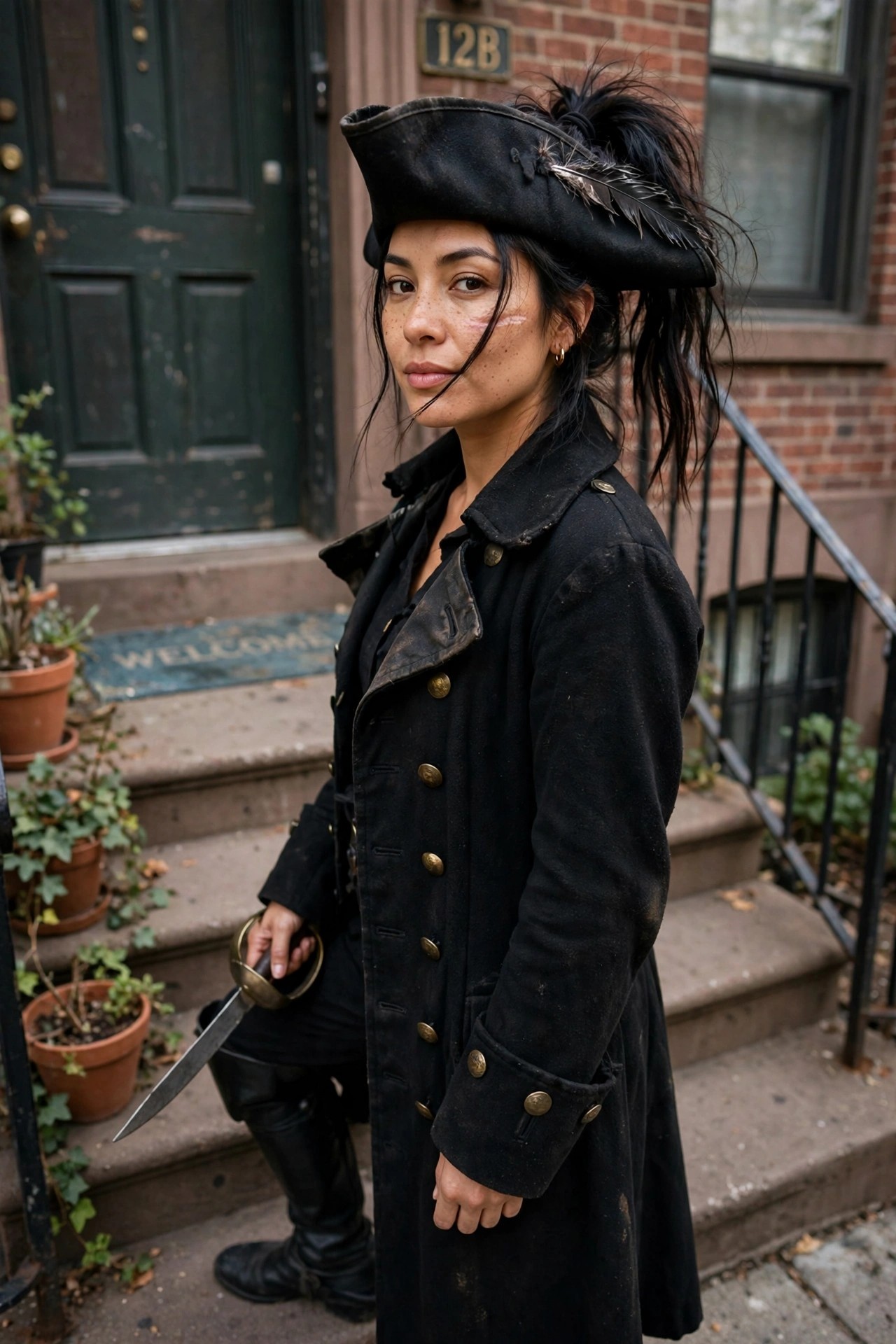 Woman wearing a black pirate captain coat with brass buttons, tricorn hat with feathers, and holding a sword, black hair in a messy ponytail.