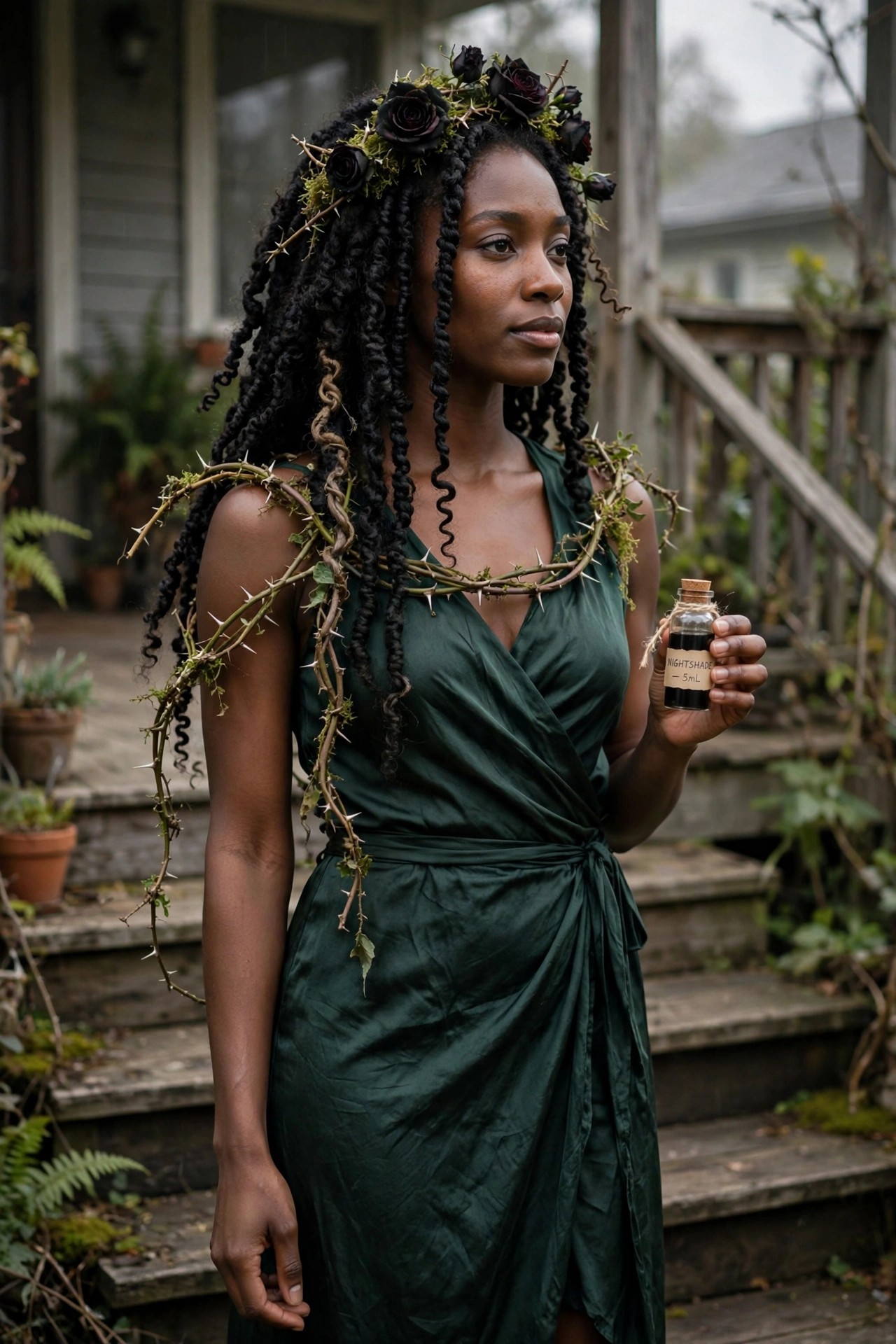 Woman wearing a poison garden witch costume with long black braids, a crown of dark roses, thorny vines across her shoulders, a green wrap dress, and holding a small nightshade bottle.