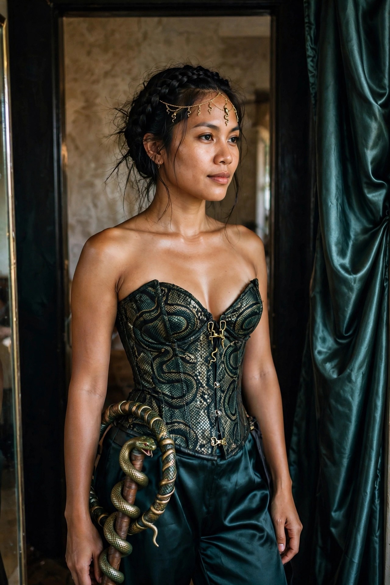 Woman wearing a dark green and black snake print corset with gold clasps, holding a realistic snake prop wrapped around her waist, black braided updo with gold snake headpiece.