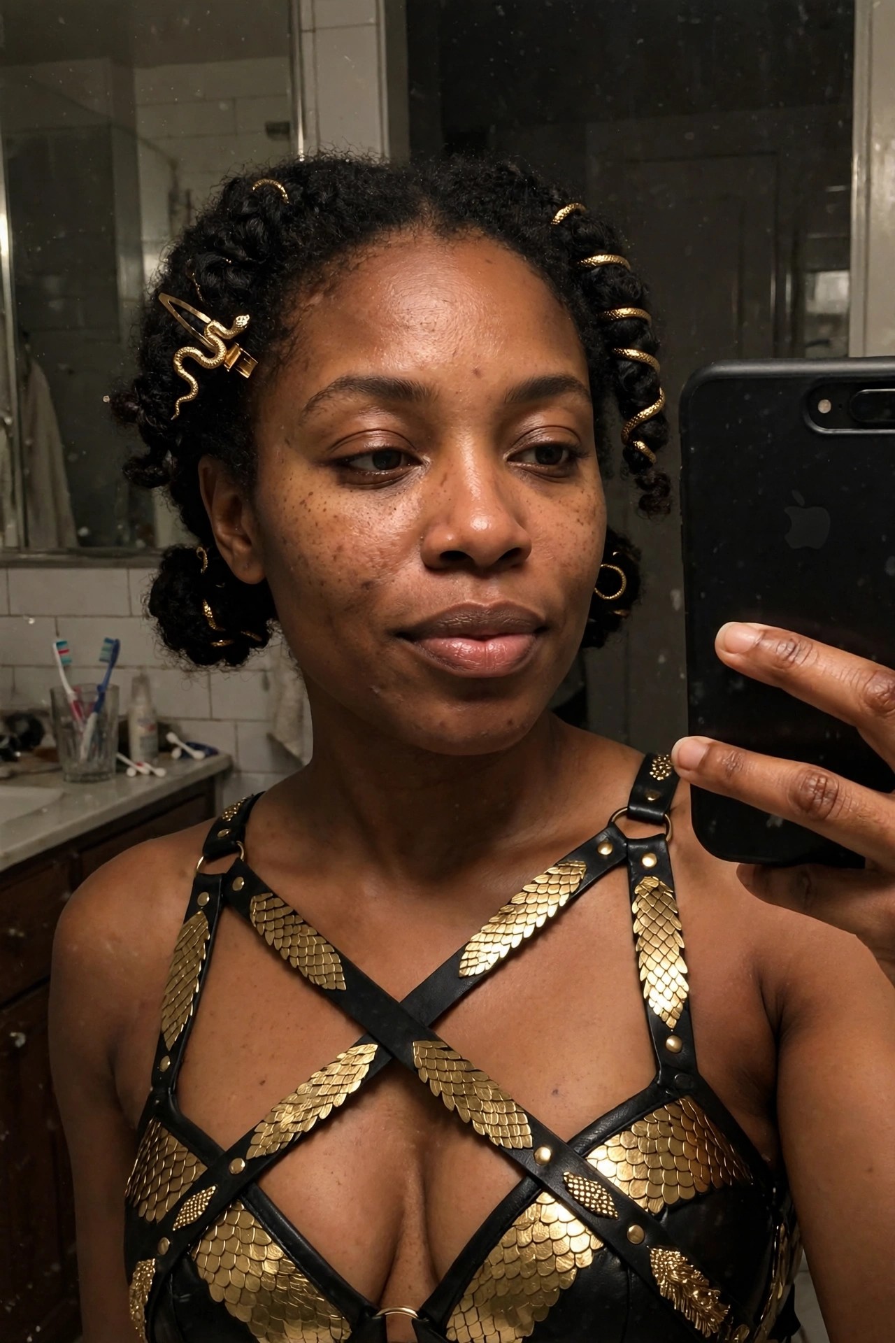 Woman wearing a black and gold serpent scale harness top with crossed straps, black curly hair styled in buns with gold snake clips.