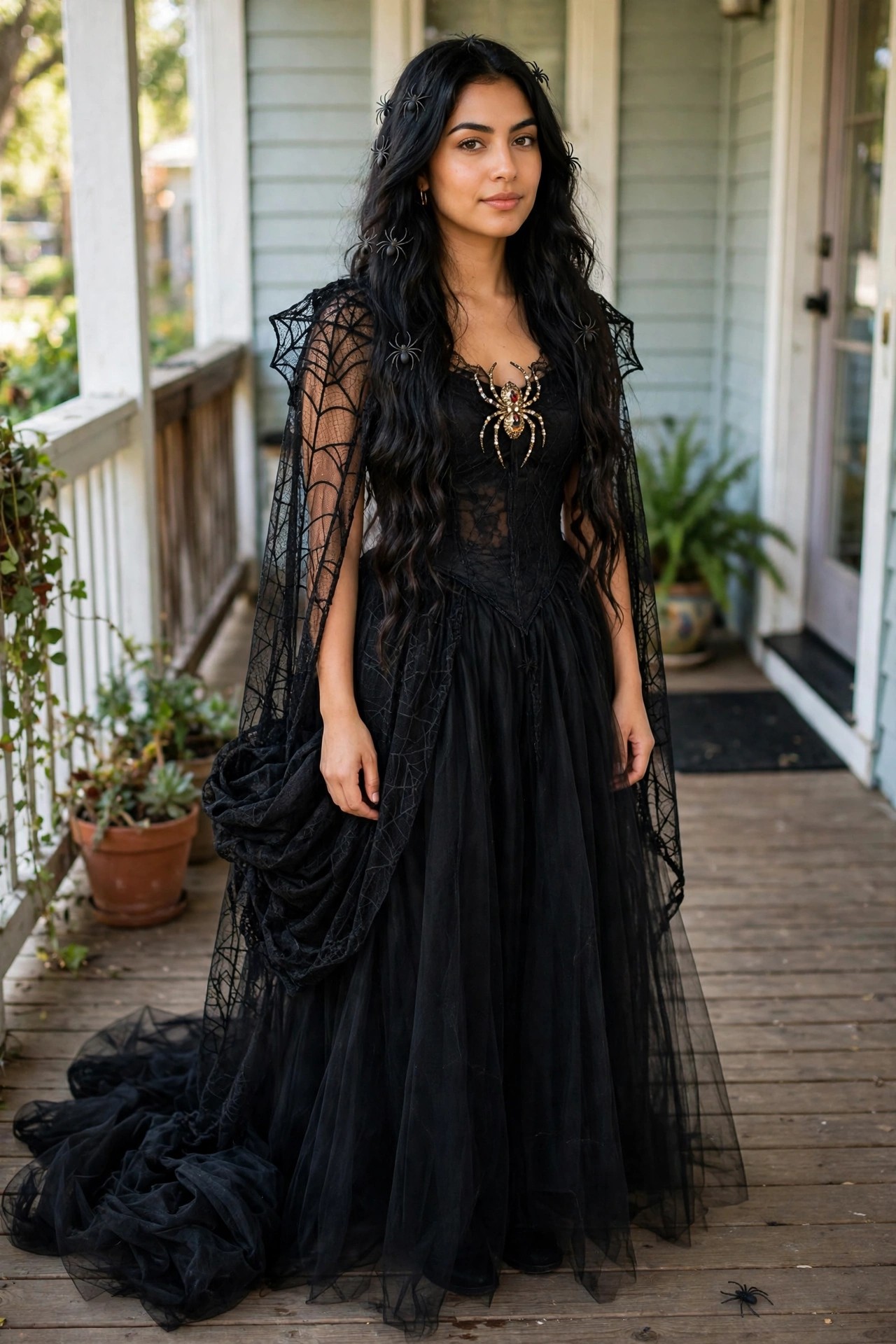 Woman wearing a black spiderweb corset costume with sheer web patterned sleeves, large jeweled spider brooch, and voluminous black tulle skirt, long black hair with small spider clips.