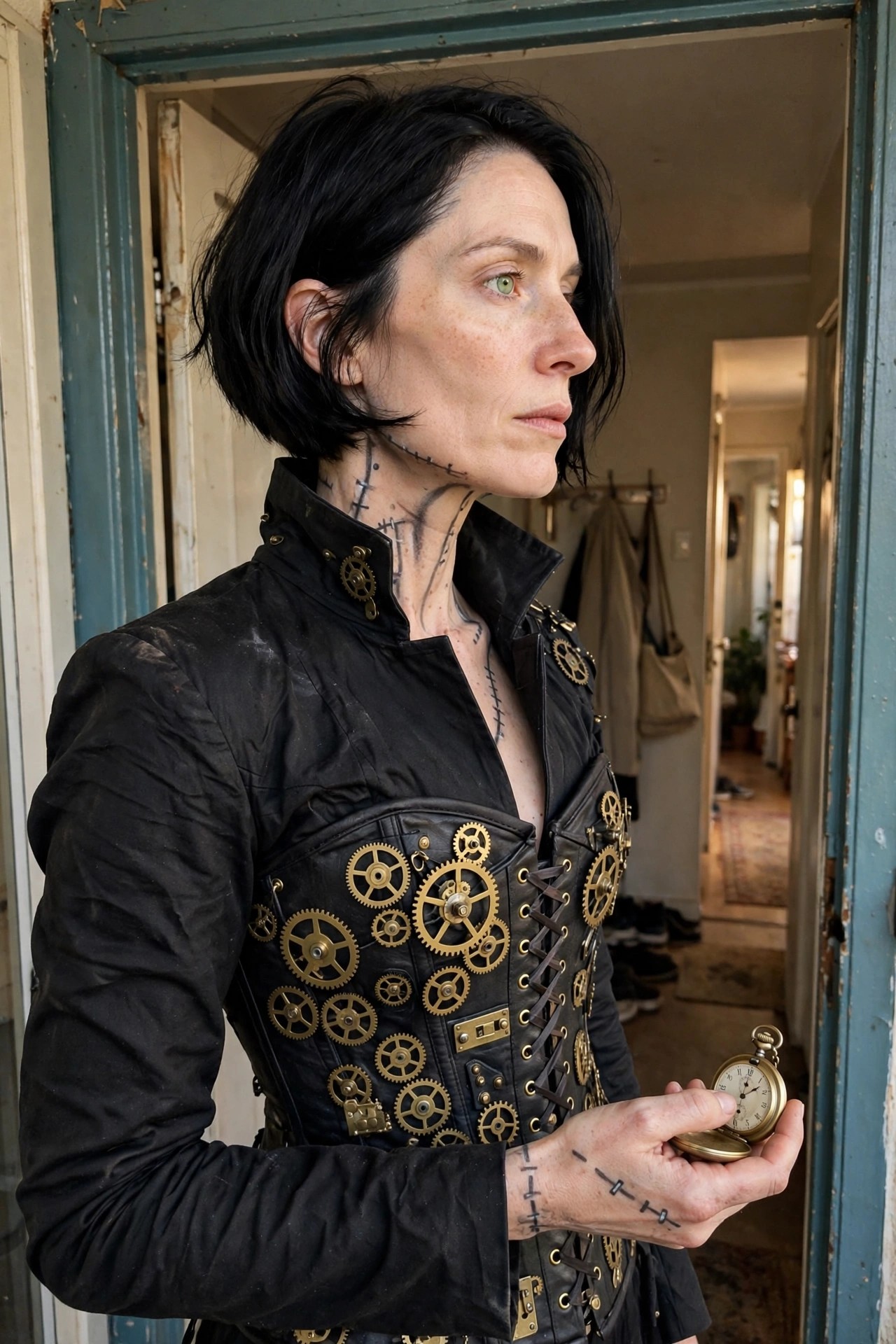 Woman wearing black steampunk jacket and corset covered in brass gears with stitched Frankenstein lines on neck and hand holding a pocket watch, short black hair visible.