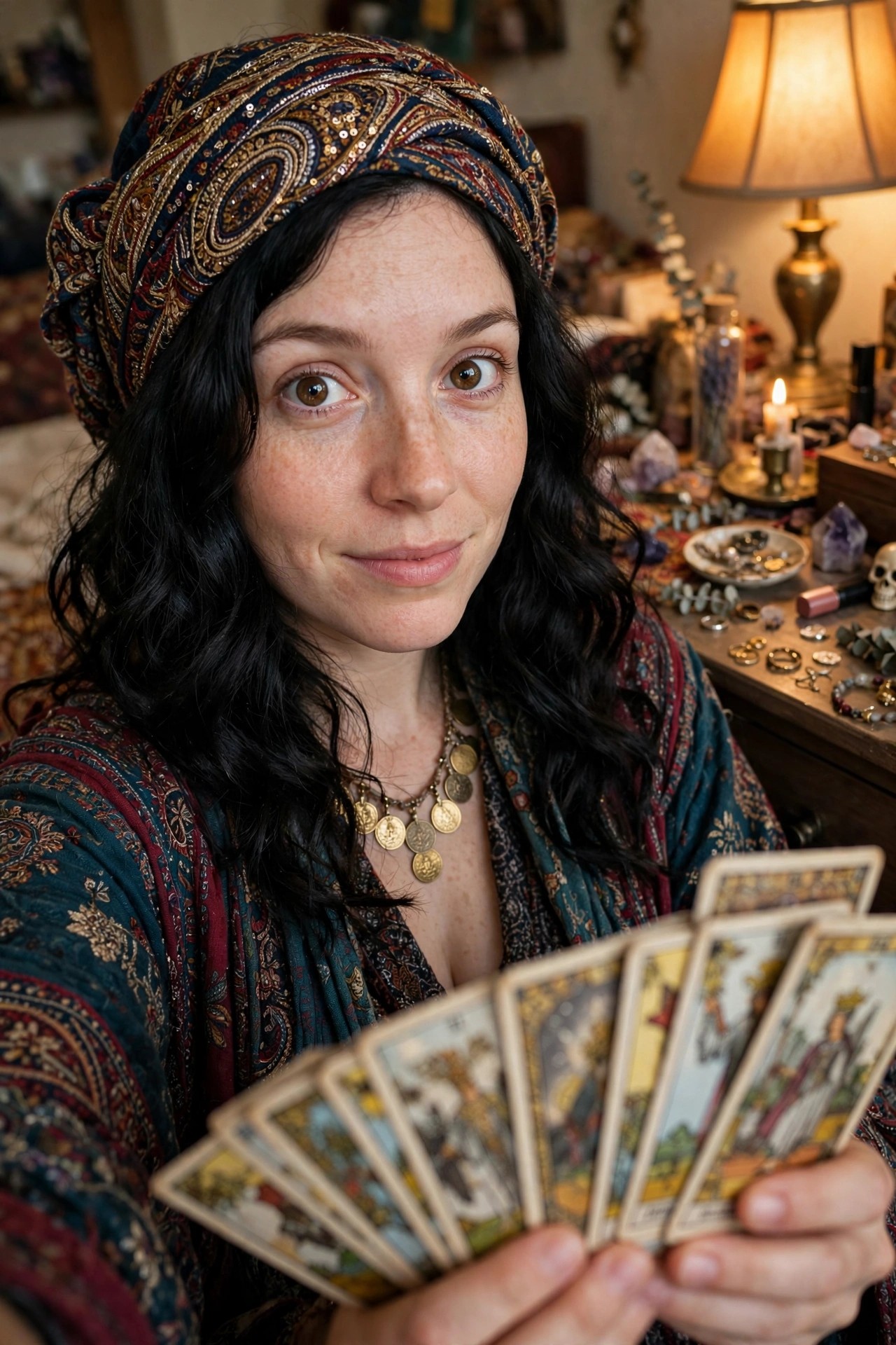 Woman with black hair wearing a patterned headscarf and layered tops holds tarot cards in both hands for a fortune teller costume.