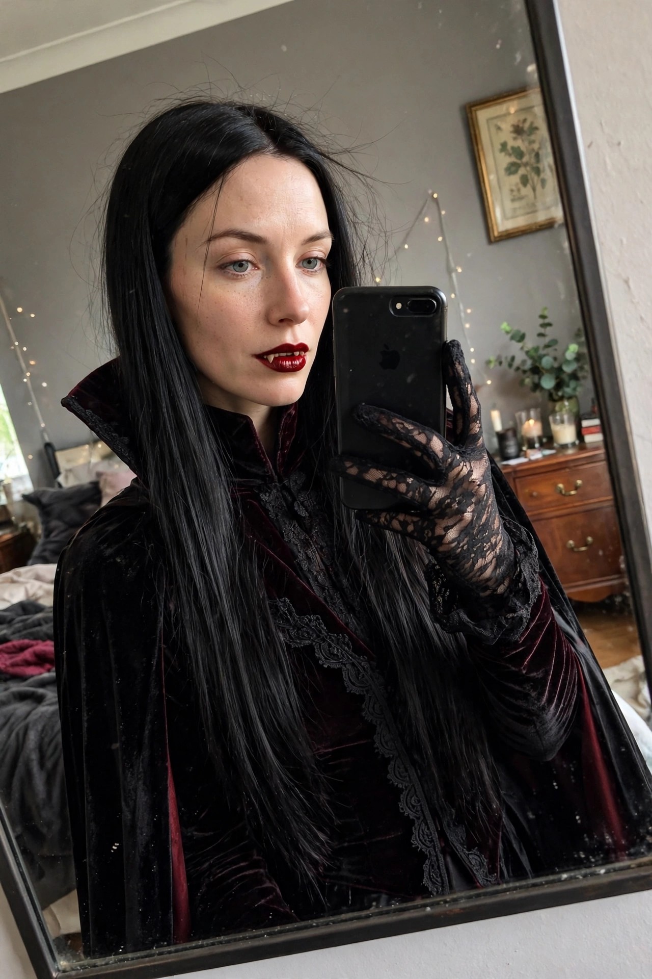 Woman wearing a burgundy velvet vampire cape with high collar and black lace details holding a phone while wearing black lace gloves and long straight black hair.