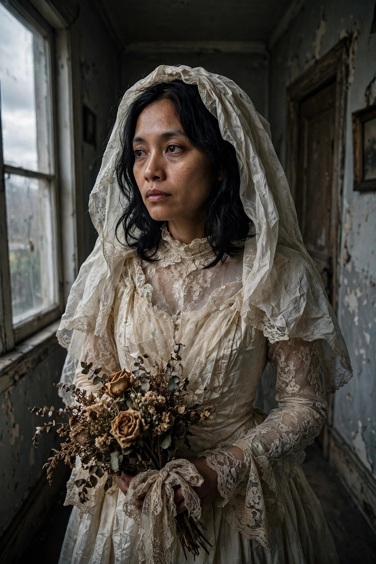 Woman wearing a white lace Victorian dress with matching veil and holding a dried flower bouquet, styled as a ghost bride costume.