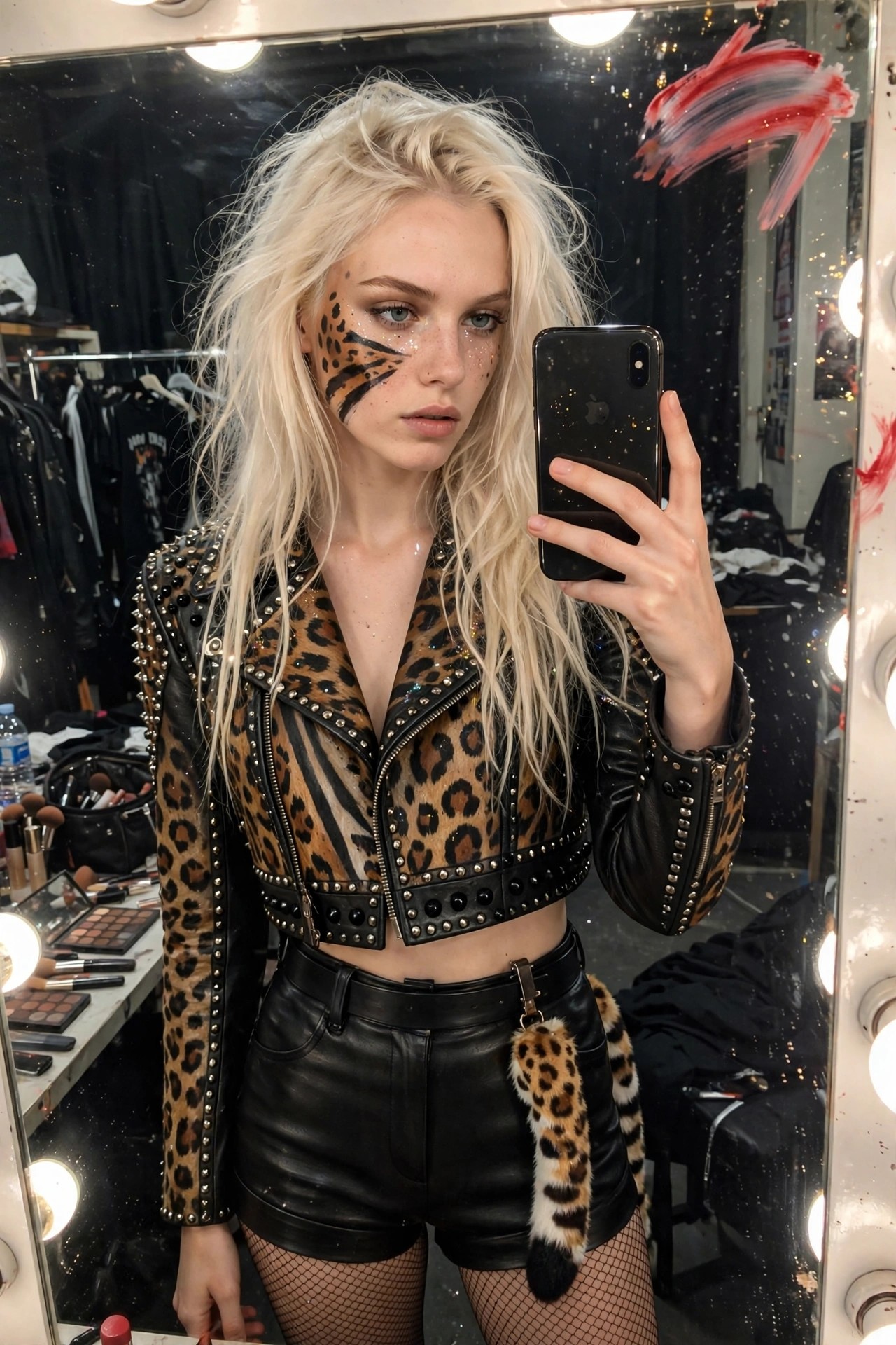 Woman wearing a studded black and leopard print cropped moto jacket with black leather shorts, fishnets, and a leopard tail accessory, plus cheetah face paint on one eye.