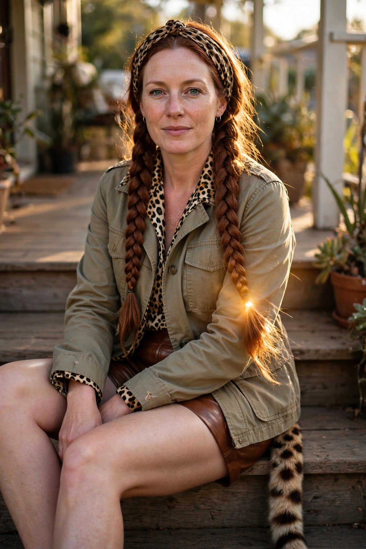 Woman wearing a cheetah costume made of a khaki utility jacket over leopard print, brown skirt, leopard headband, and a visible leopard tail while sitting on wooden steps.