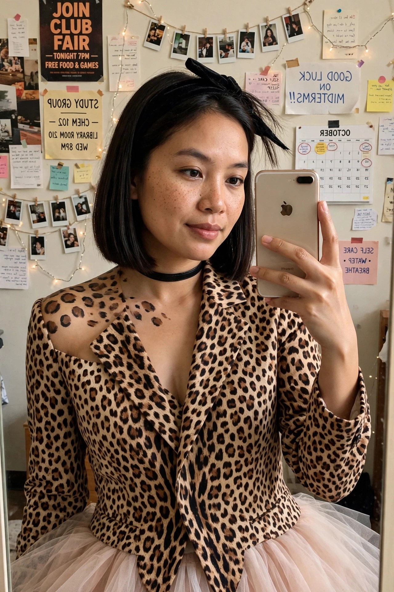 Woman wearing leopard print blazer with shoulder cutouts, black choker, and tulle skirt for a cheetah costume.