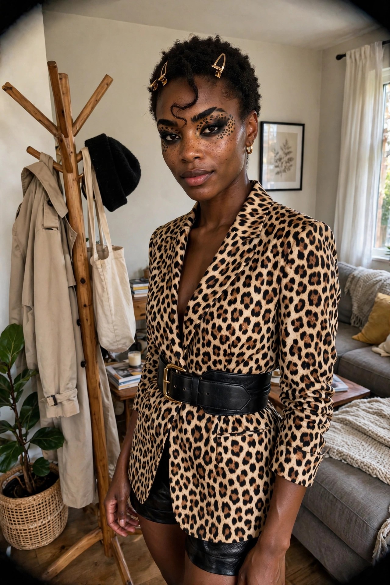 Woman wearing leopard print blazer, black belt, and black shorts with cheetah spot makeup around the eyes.