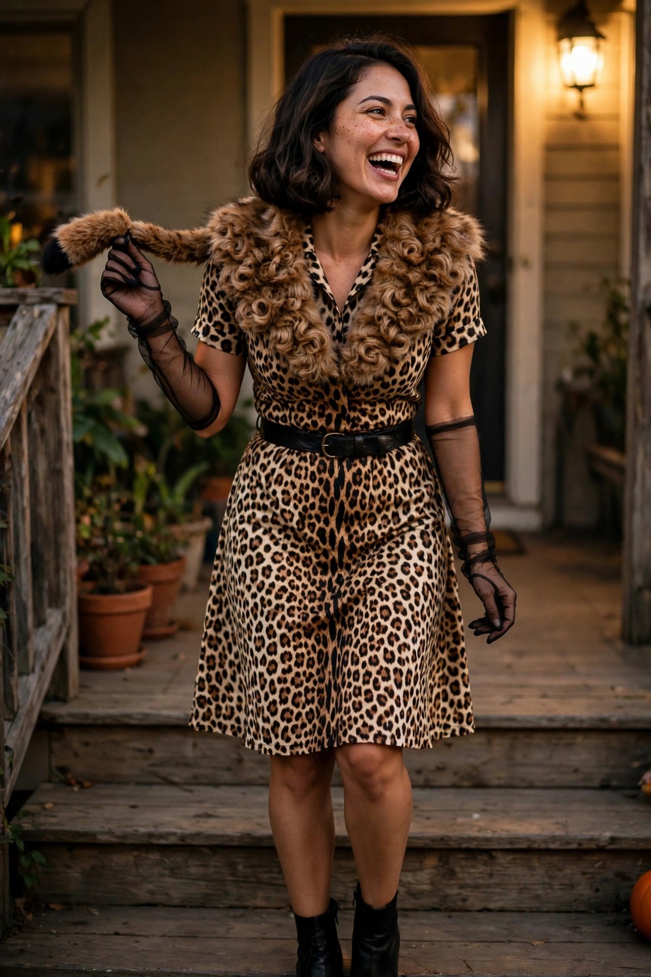 Woman wearing a short sleeve leopard print dress with fluffy brown fur collar and cuffs, holding a matching tail, sheer black gloves, black belt, and black ankle boots.